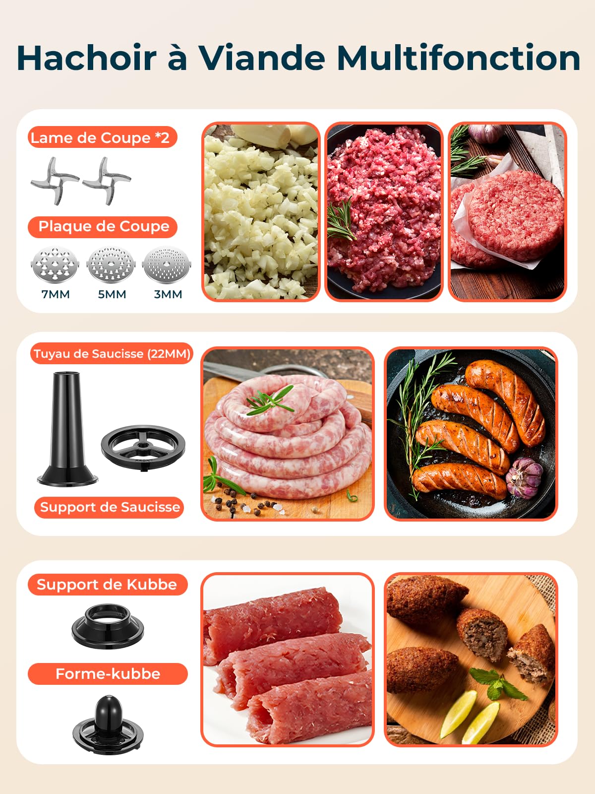 FOHERE Hachoir à Viande Électrique, 2000W Moteur à Courant Continu Hachoir Électrique Avec 2 Lame de Coupe, 3 Plaque de Coupe (7MM/5MM/3MM), Tuyau de Saucisse, Forme-kubbe, Hachoir à Viande Domestique