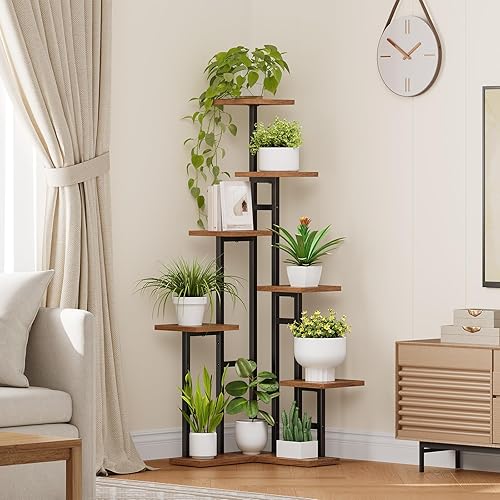 Miniatura 2 de HOOBRO Soporte de esquina para plantas de interior, estante de 7 niveles para múltiples plantas de interior, organizador de plantas de esquina,
