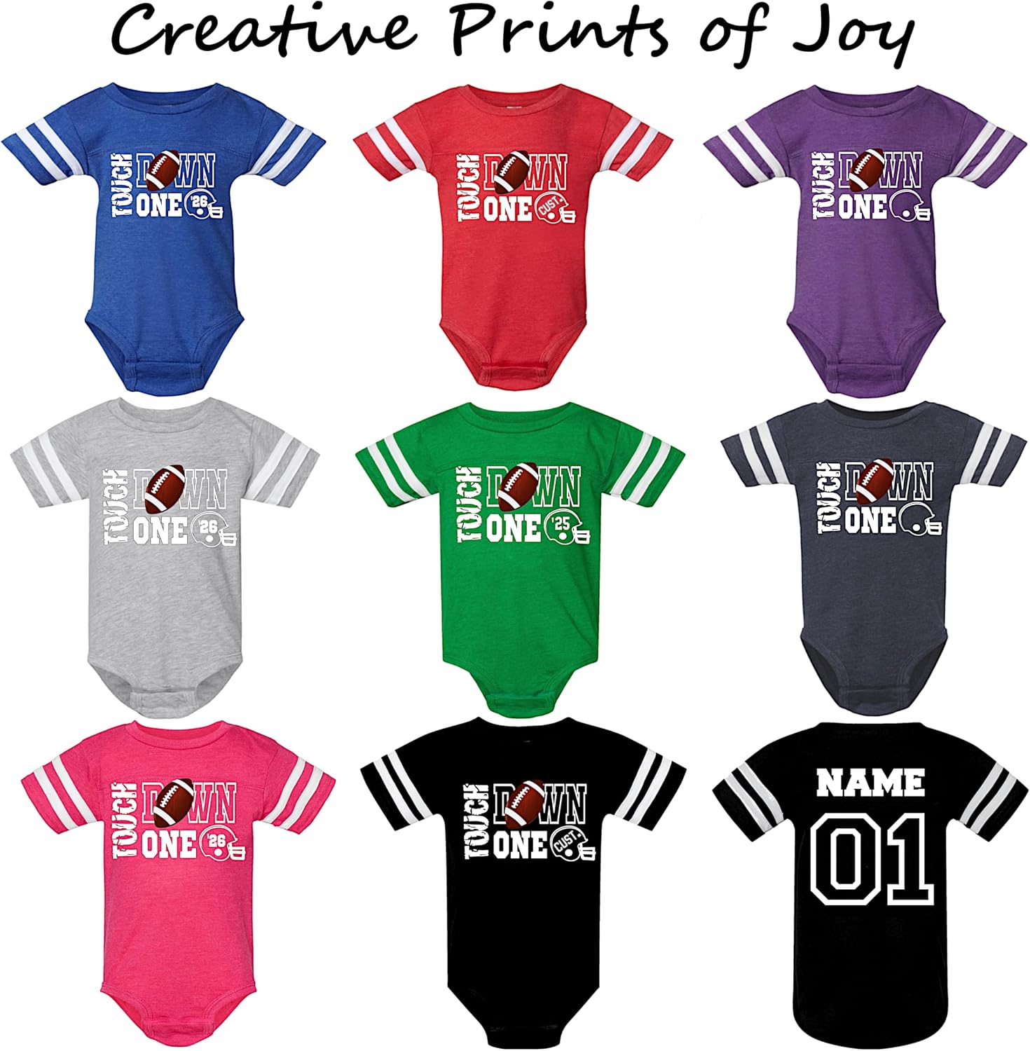First birthday football one year old baby boy jersey styled bodysuit outfit, Touchdown one, Front back personalized options