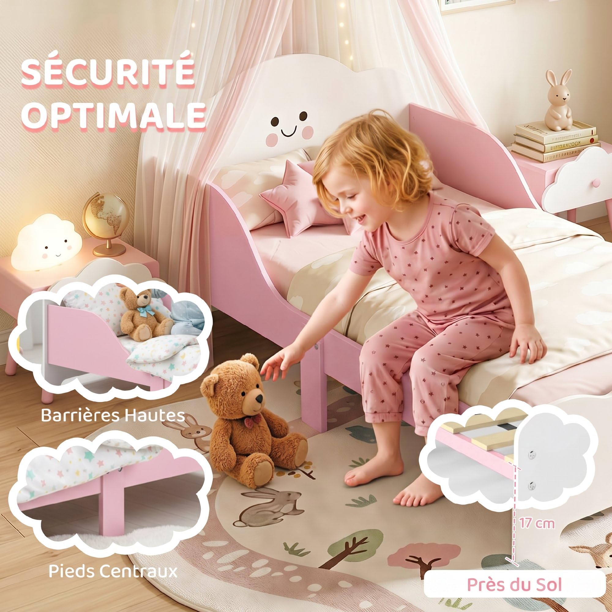 AIYAPLAY Lit Enfant 70 x 140 cm avec Barriere de Securite pour 3-6 Ans Rose | Lit pour Enfant, Sommier à Lattes en Bois, pour Garçons et Filles, Matelas Non Inclus