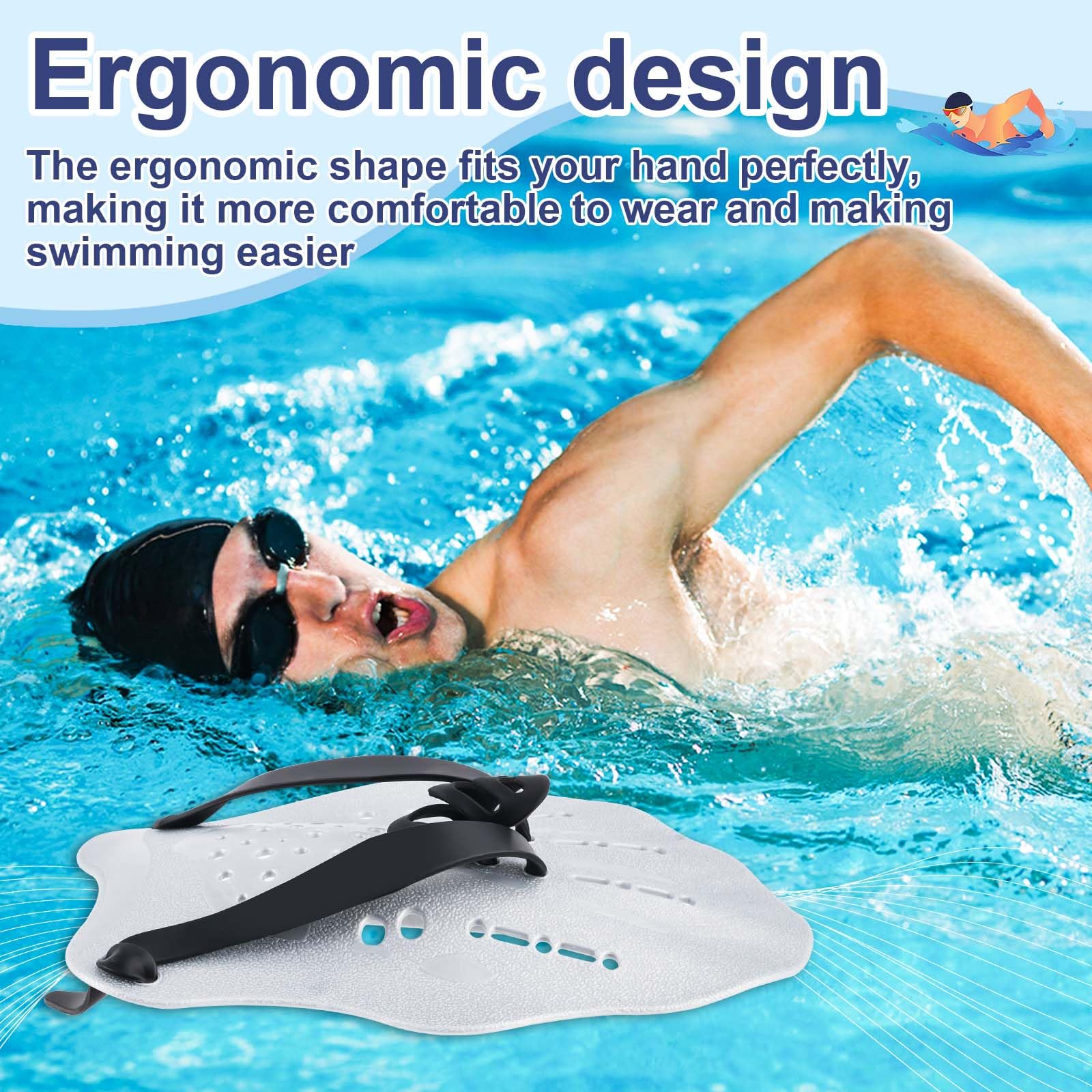 WuGU Palas Natacion, Pala de Mano para Piscina con Correas Ajustables, Paletas de Natación para Adultos Unisex, Pala de Entrenamiento de Natación Profesional para Adultos Niño Unisex(Plata)