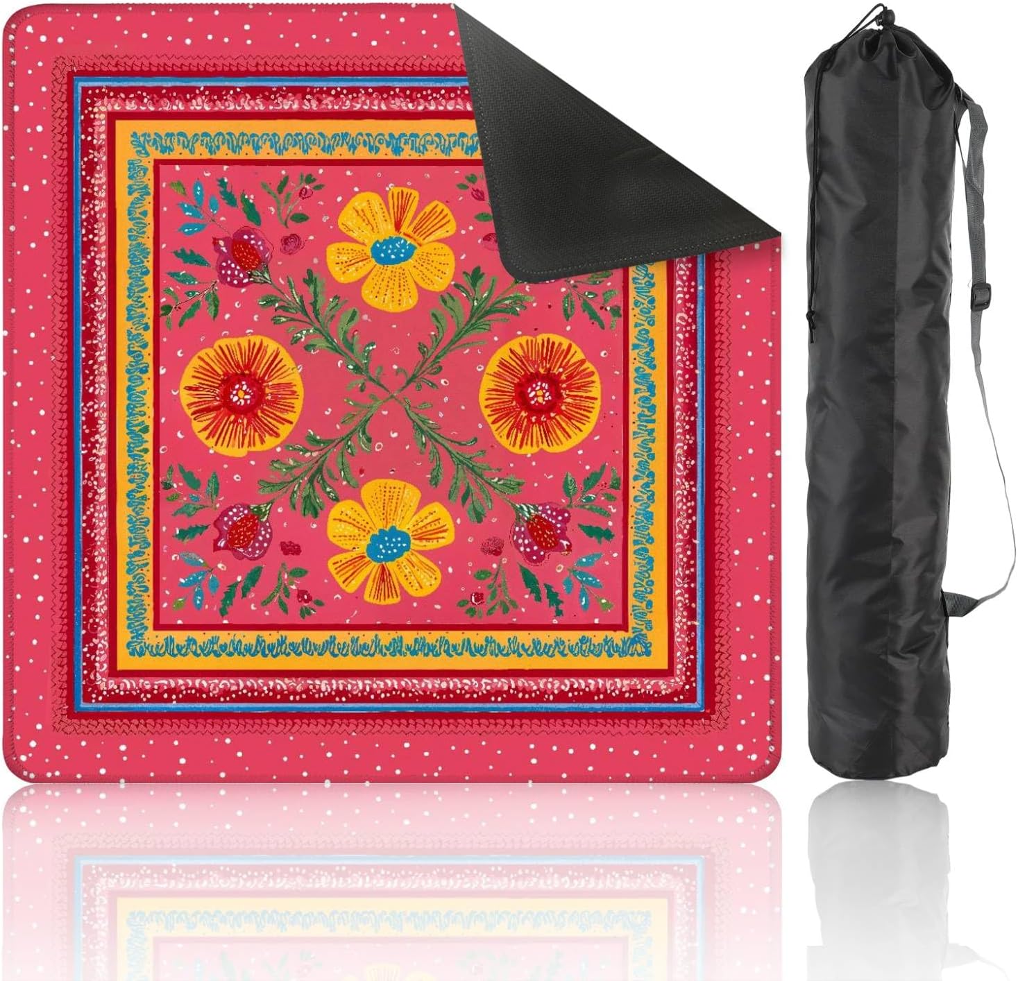 Mahjong Mat 31.5" x 31.5" Colorful Floral Yellow Flowers Vibrant Leaves Pink Non-Slip Noise Reduction Mahjong Tiles Table Cover for Dominoes Poker Card Board and Tile Games