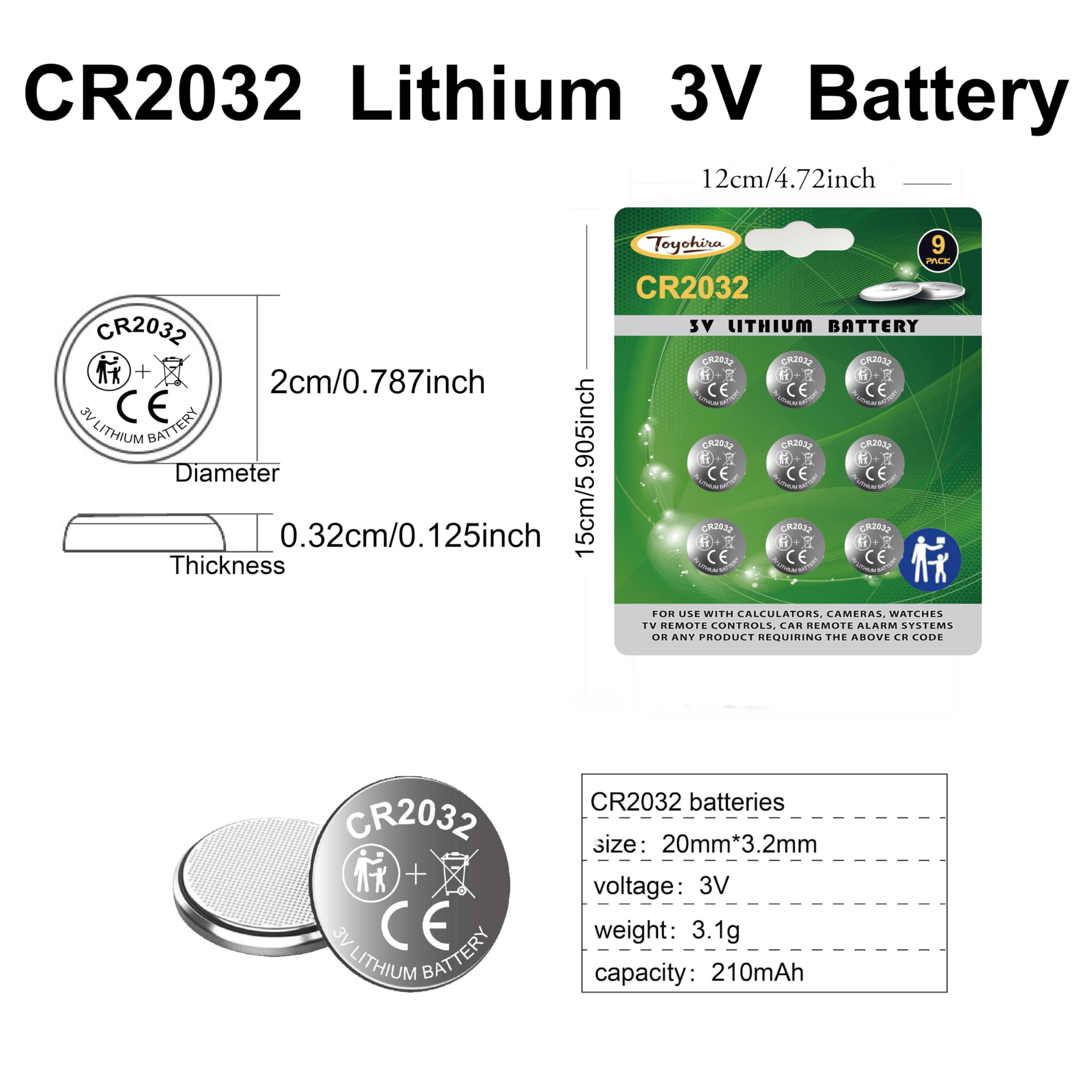 Toyohira CR2032 Lithium-Knopfzelle mit 3 V, Kindersicherheitsfunktionen, 2032-Batterien, 18 Stück, kompatibel mit Apple AirTag, Schlüsselanhänger und anderen Geräten, CR2032-Batterien, 3 V CR2032