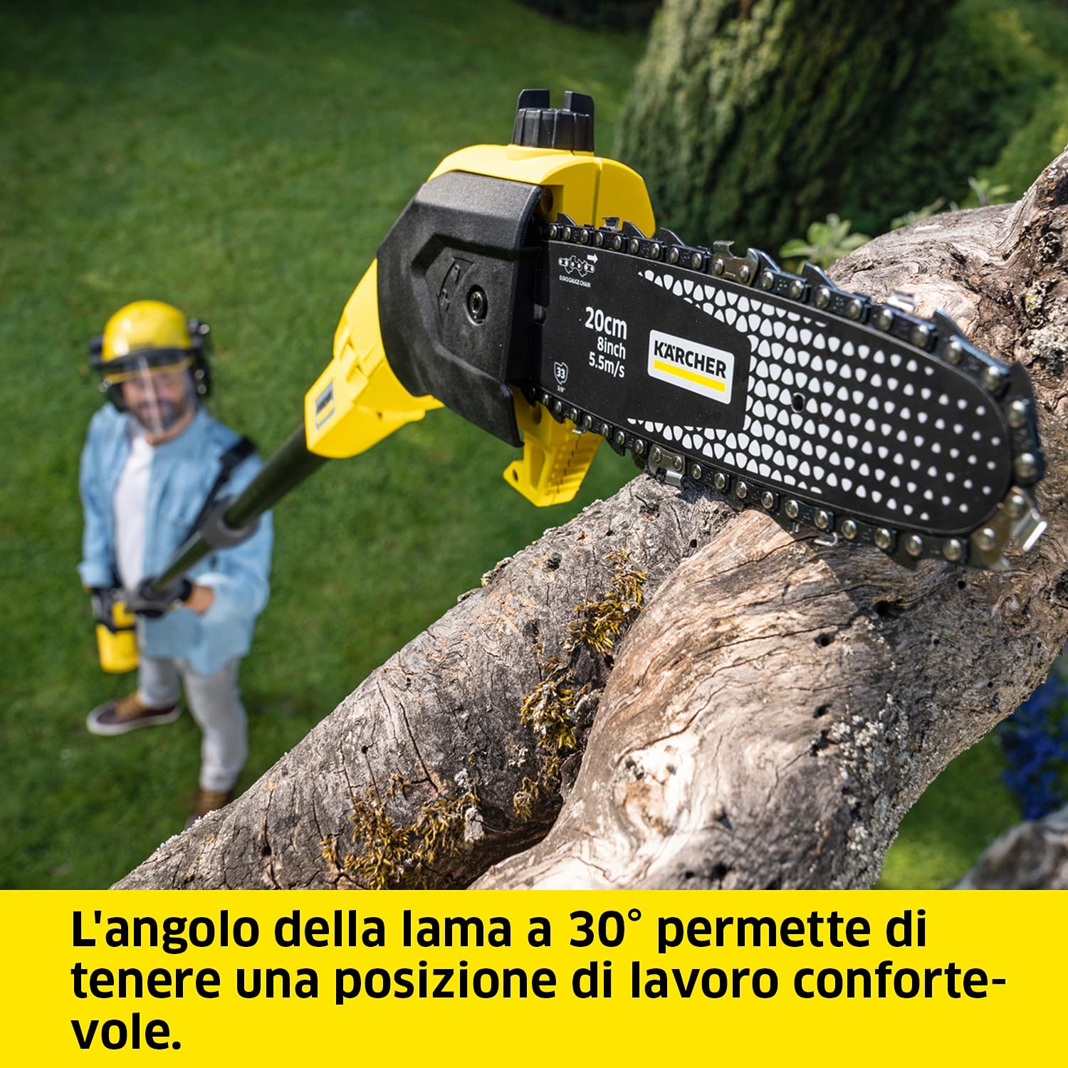 KÄRCHER Seghetto telescopico a batteria PSW 18-20, barra di guida 20 cm, lubrificazione automatica catena, autonomia 80-160 tagli, utilizzabile con la batteria KÄRCHER da 18 V (non inclusa)
