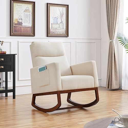 Miniatura 13 de Topeakmart Mecedora tapizada para guardería, moderna con patas de madera, bolsillo lateral, sillón mecedor para guardería, sala de estar,
