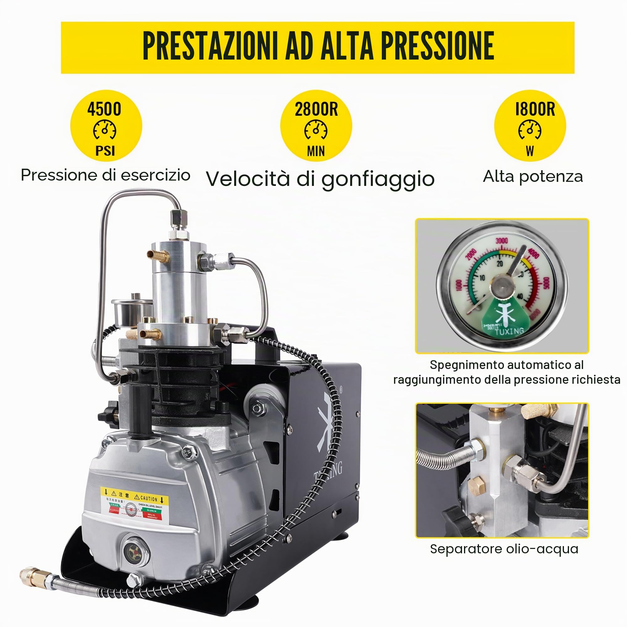 TUXING Compressore d'aria Pcp, compressore elettrico a pressione regolabile con doppio sistema di raffreddamento acqua/ventola per fucile ad aria compressa Pcp, ricarica serbatoio sub 220V