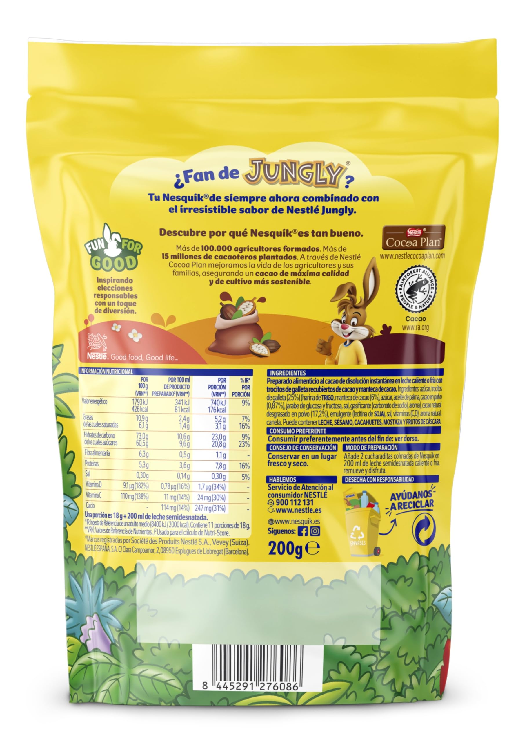 Nesquik Nestlé Jungly Cacao Soluble con trocitos de galleta, Bolsa de 200 g