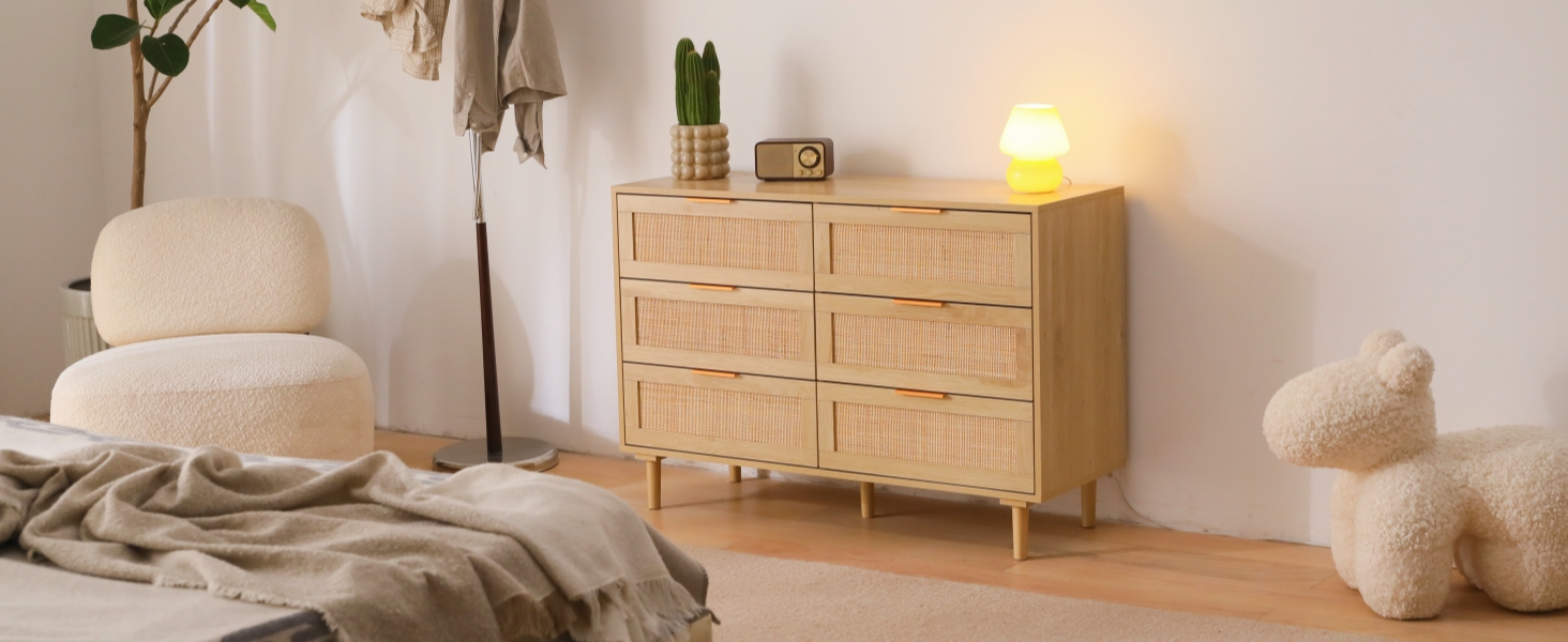 FUQARHY 6 Drawer Rattan Dresser Modern Wood Chest with Storage Drawers : Home & Kitchen