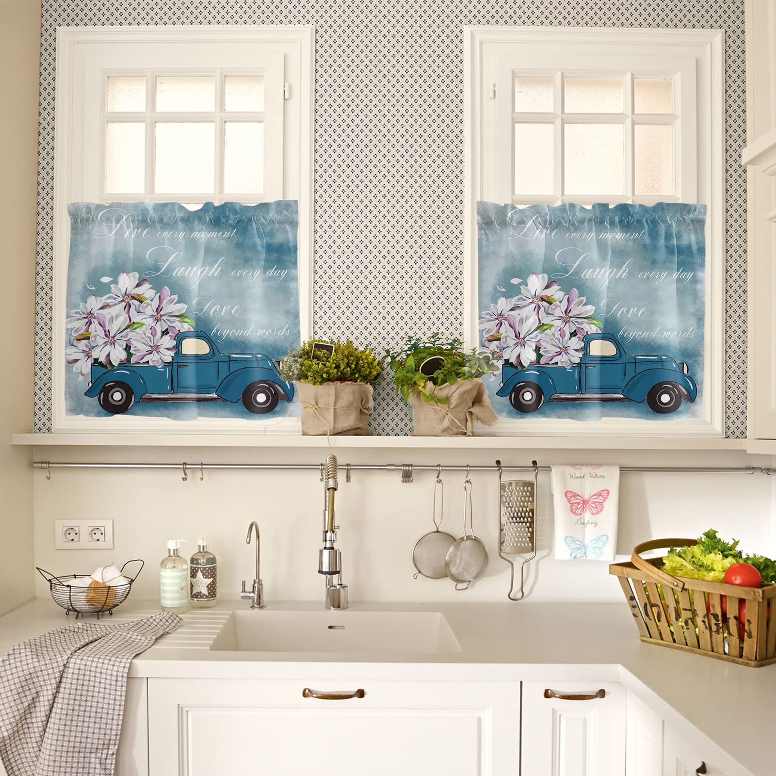 Vintage Blue Truck Floral Window Curtain Panels Set of 2, Rod Pocket Drapery Curtains for Kids Bedroom Living Room Kitchen Basement, Washable Valance Window Drapes, Magnolia Flower, 27.5x36inch