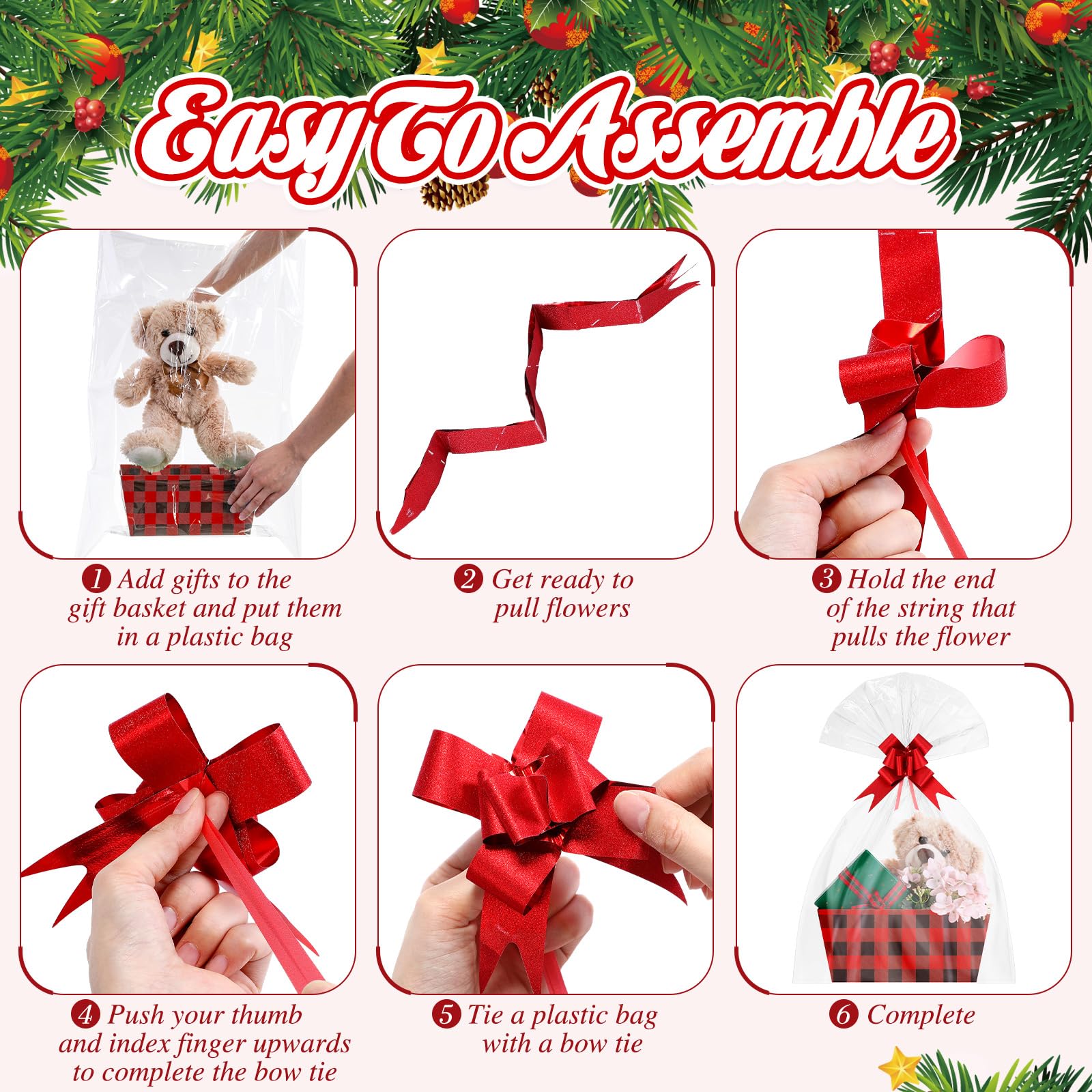 24 cestas de Navidad para regalos, kit de cesta de regalo vacía con 24 bolsas de plástico y 24 lazos, paquetes de regalo de bricolaje de 9.8 x 6.5 x 4.3 pulgadas, cesta de cartón para cumpleaños de