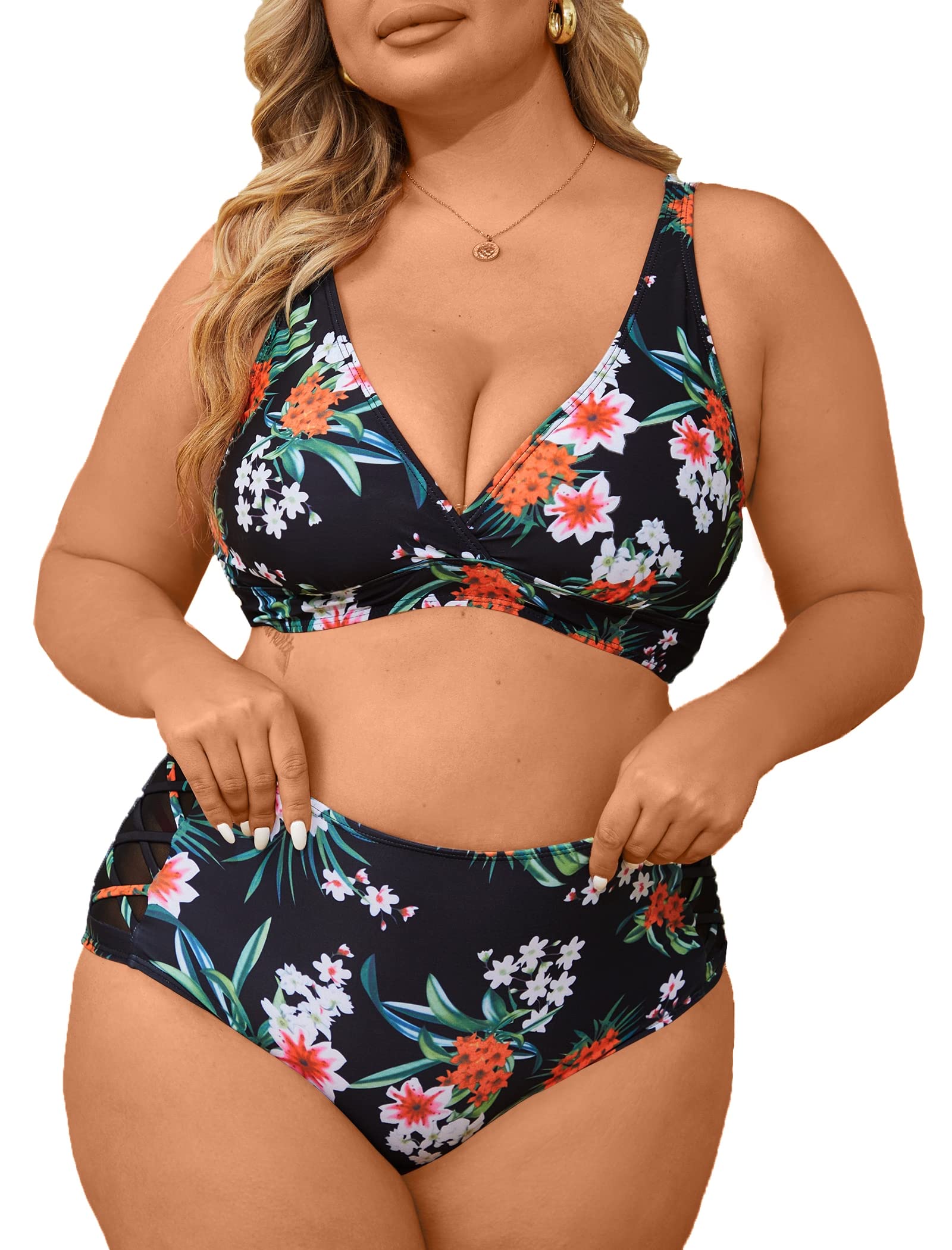 Yutdeng Traje de Baño Dos Piezas Mujeres Bañadores de Tallas Grandes Malla Sexy Bikini Cintura Alta Reductores Conjunto de Baño con Relleno Plus Size Biquini sin Espalda