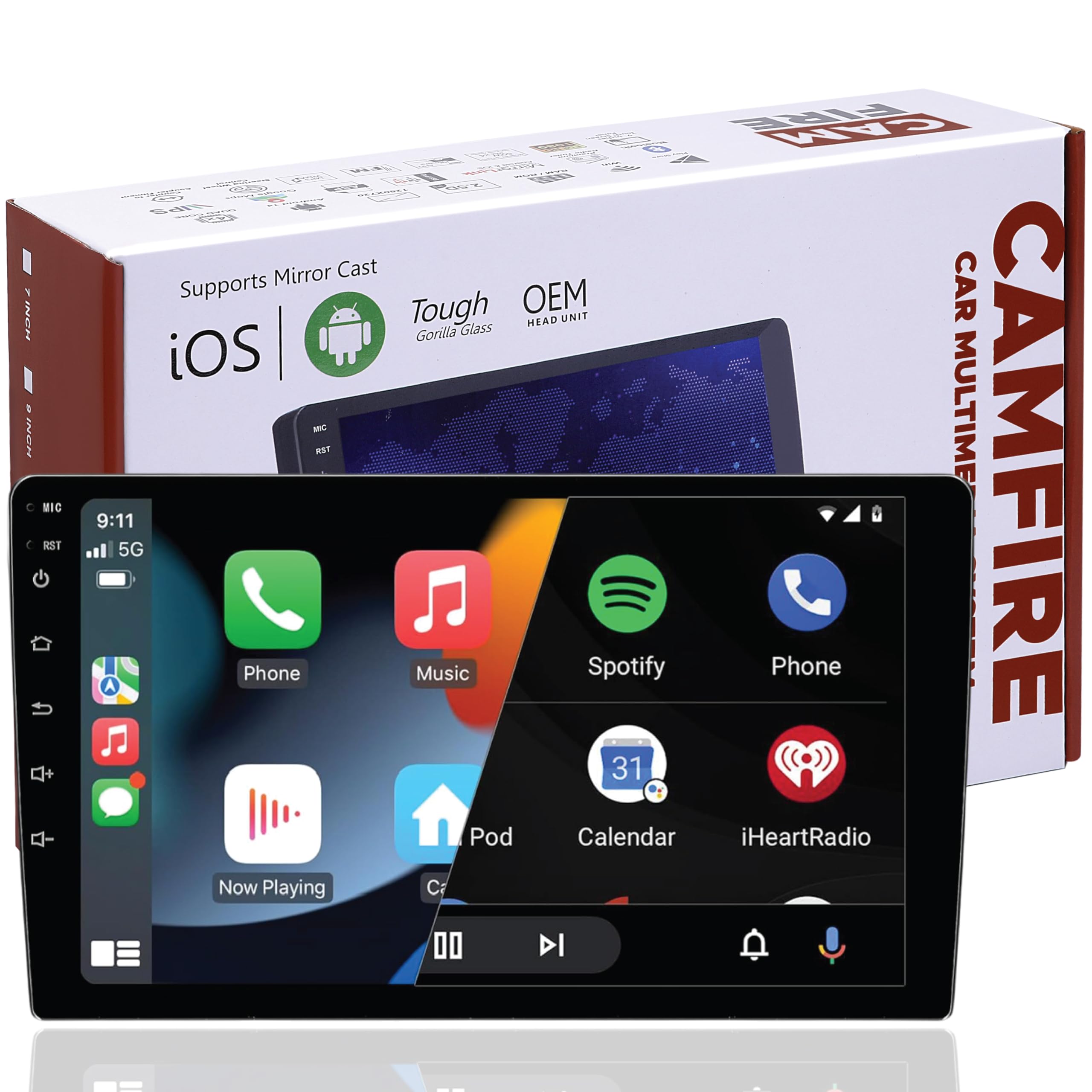 CAMFIRE T005 9 Inch Car Stereo Android 10 Touch Screen Music System Player Navigation Bluetooth Auto Android/Car Play Ram 4GB/ 64GB ROM Support Front Rear Camera AHD/HD/DVR