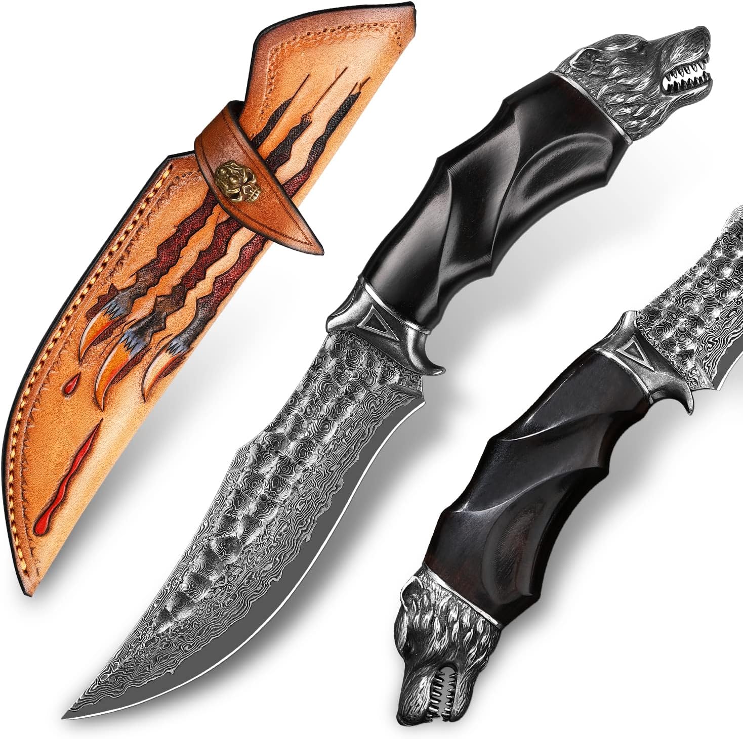 Handcrafted 10 inches Damascus Steel Fixed blade hunting knife，with leather case，wolf head metal and ebony Handle，EDC Belt Knife for Men，Survival Camping Knife fishing travel knife