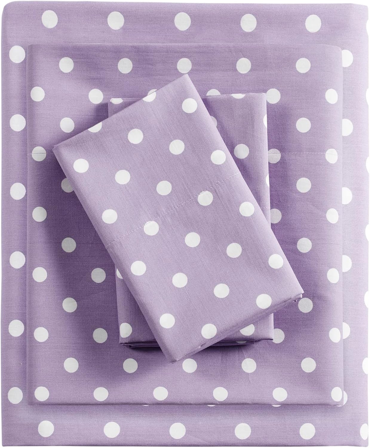 Mi Zone Purple Twin Size Sheet Sets Kids Polka Dot Sheets for Girls 100% Cotton Percale Soft Sheet Set, Flat Sheet, Fitted Sheet, Pillowcase, Breathable All Season Bed Set, Fits up to 14" Mattress