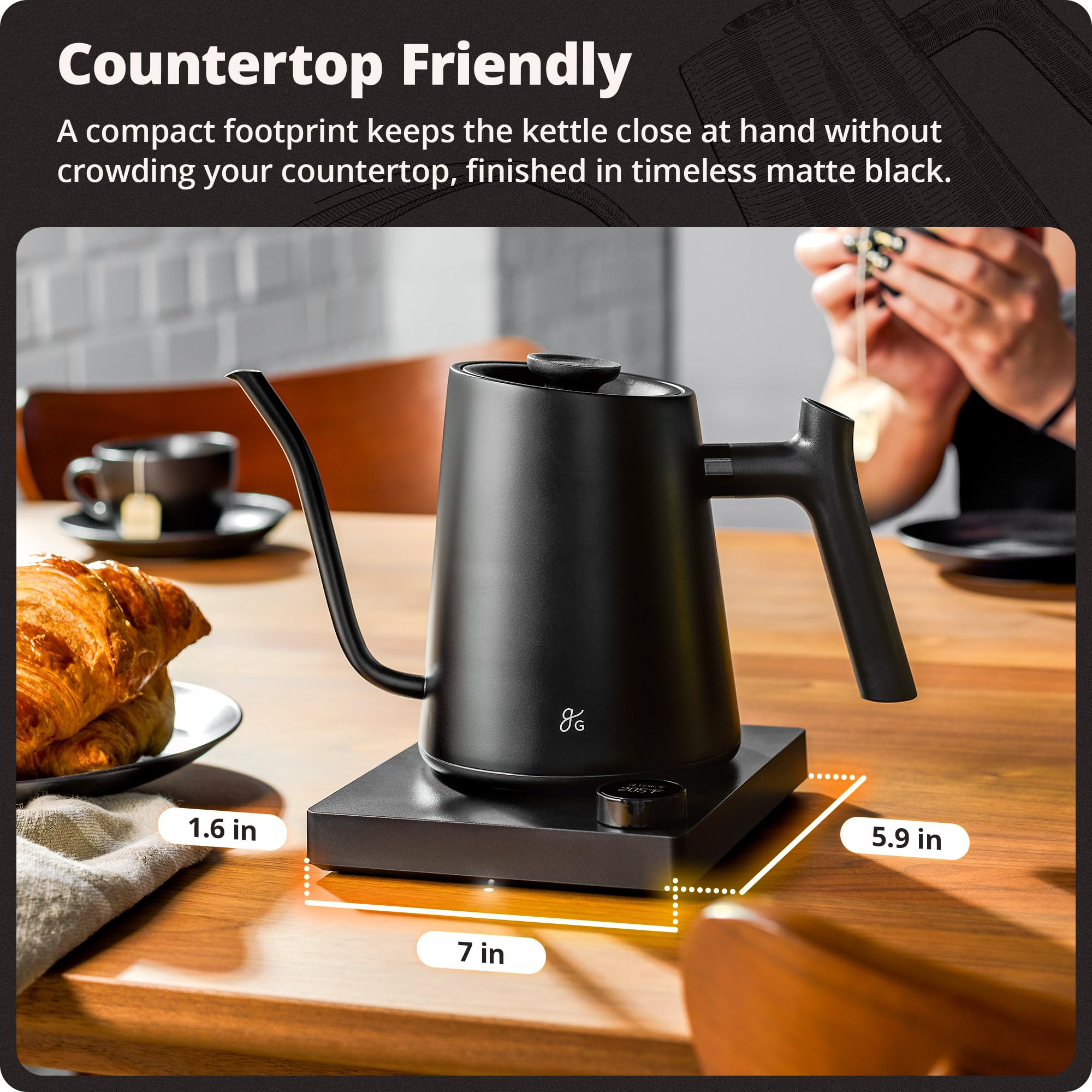 Greater Goods - Bollitore elettrico a collo di cigno in acciaio inox da 1200 W, con controllo di precisione della temperatura, ebollizione rapida, senza BPA, ideale per versare caffè e tè, 0,8 l (nero