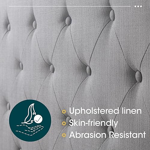 Miniatura 14 de WEEWAY Base de cama tapizada tamaño Queen con cabecera copetuda con respaldo de alas, plataforma moderna con soporte de listones de madera, fácil