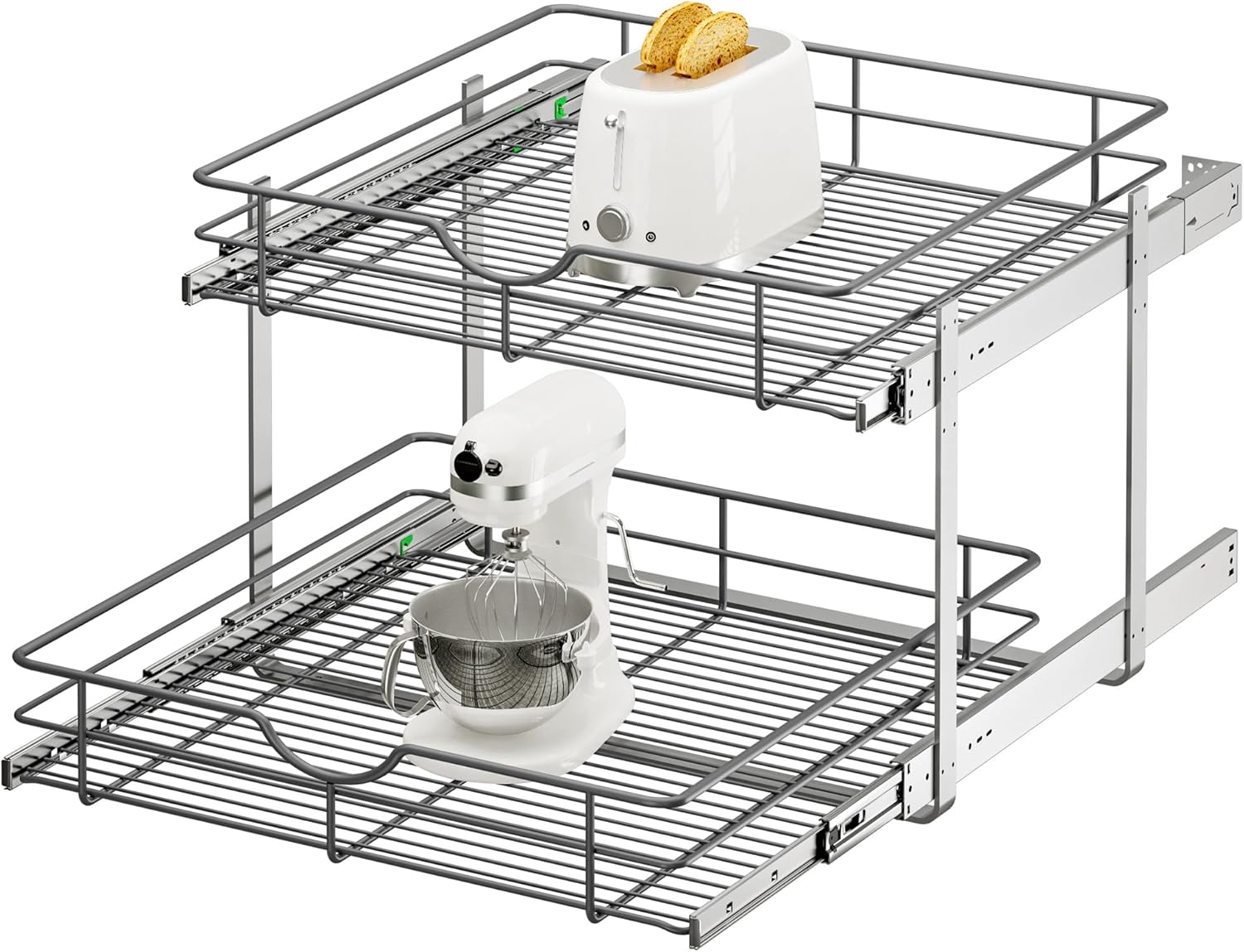 2 Tier Pull Out Cabinet Organizer - 23" W x 22" D Soft Close Slide Out Shelves with Shelf Liners - Pullout Drawers for Kitchen Cabinets, Pantry, Bathroom, Heavy Duty Steel Wire Baskets