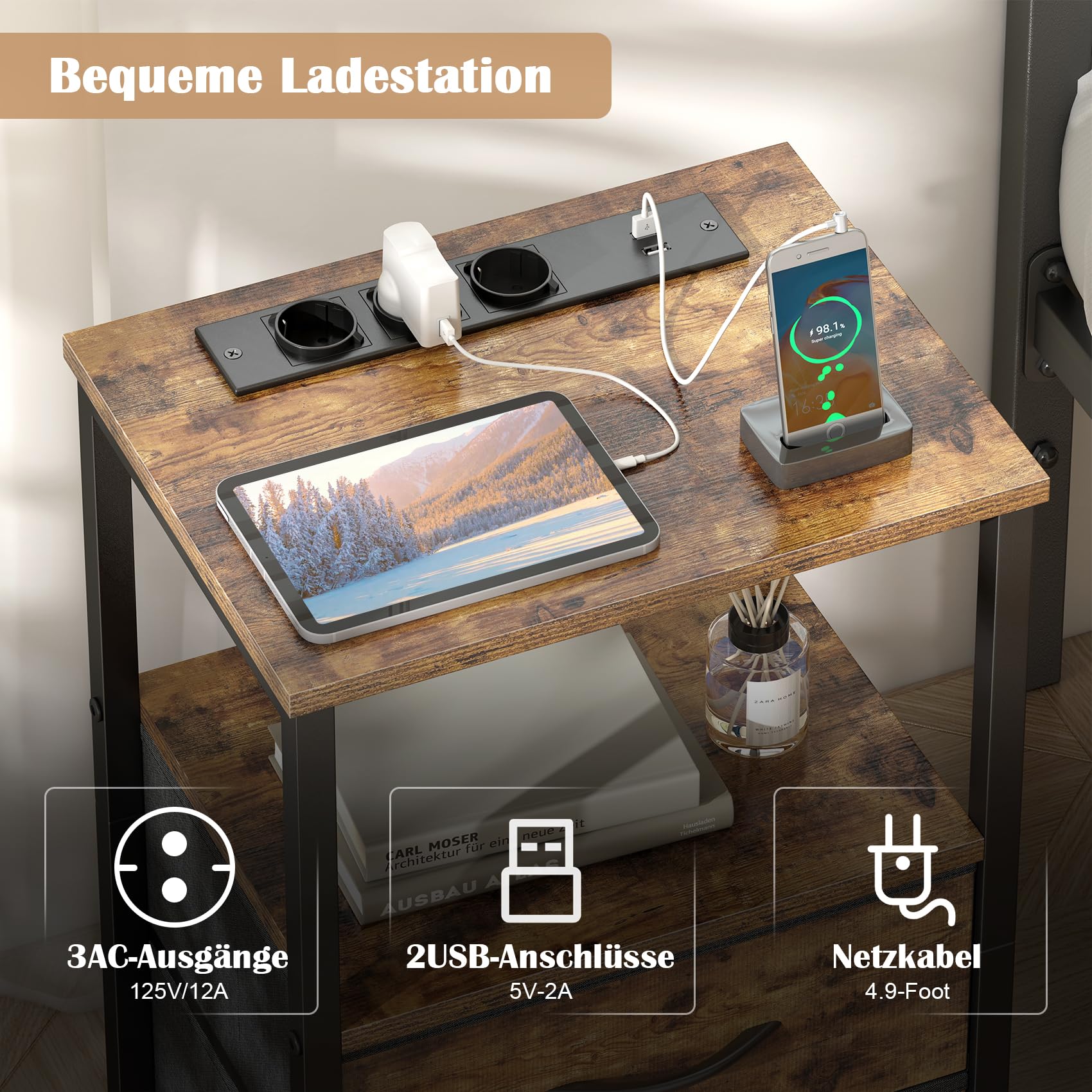 Yornoli Nachttisch mit LED & Ladefunktion, Beistelltisch mit Schublade, Nachttische mit 3 AC-Anschlüsse & 2 USB-Anschlüssen, Beistelltische fürs Wohnzimmer, Schlafzimmer, Vintage Braun