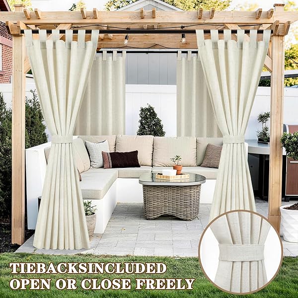 Cortinas Exterior Terraza Impermeable, 2 Piezas Lino Cortina Exterior para el sol con Anillos, Pergola Toldos Cortinas de Exteriores para Pergolas Balcon Jardin Patio Porche(132 x 215 cm, Beige) - 5