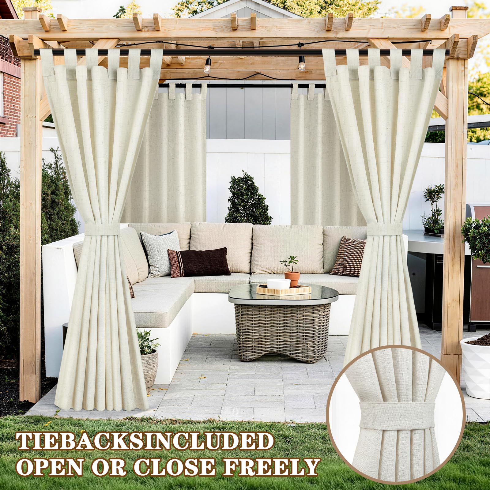 Outdoor Vorhang Wetterfest, 2er Set Stück Leinenvorhänge, Outdoor Vorhänge Wasserdicht mit Ösen, Sonnenschutz Sichtschutz outdoorvorhänge für GardinenTerrasse Balkon Pavillon Pergola(132x215cm, Beige)