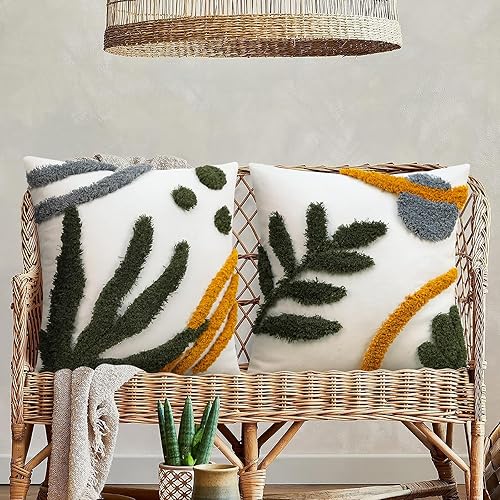 Miniatura 5 de Fundas de almohada bohemias de 18 x 18 pulgadas, fundas de almohada decorativas con diseño de hojas de mediados de siglo, con diseño de plantas