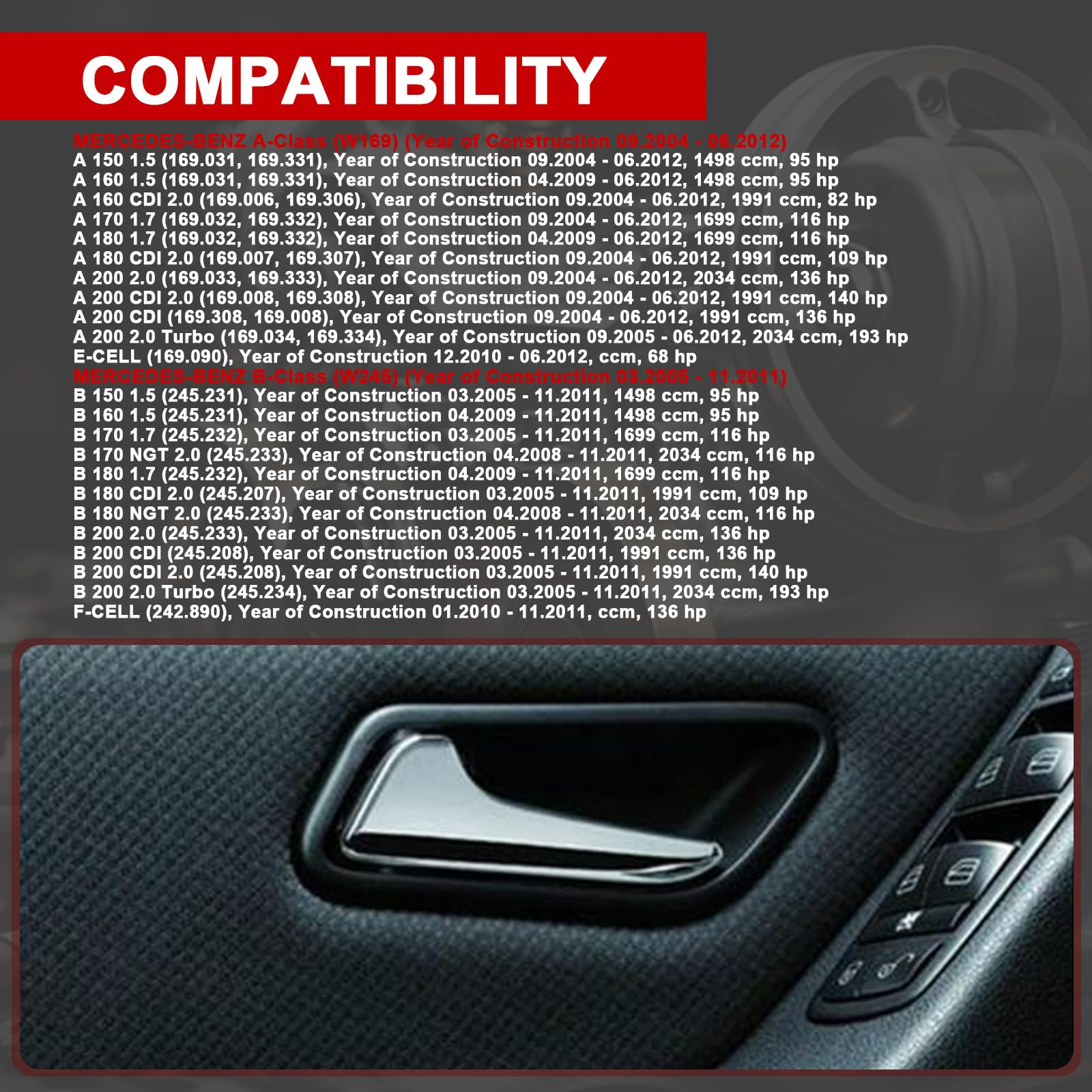 Maniglia interna porta anteriore sinistra posteriore OE# A1697600961 1697600961 1697600308 Compatibile con Mercedes Classe A W169 2004-2012 Classe B W245 2005-2011