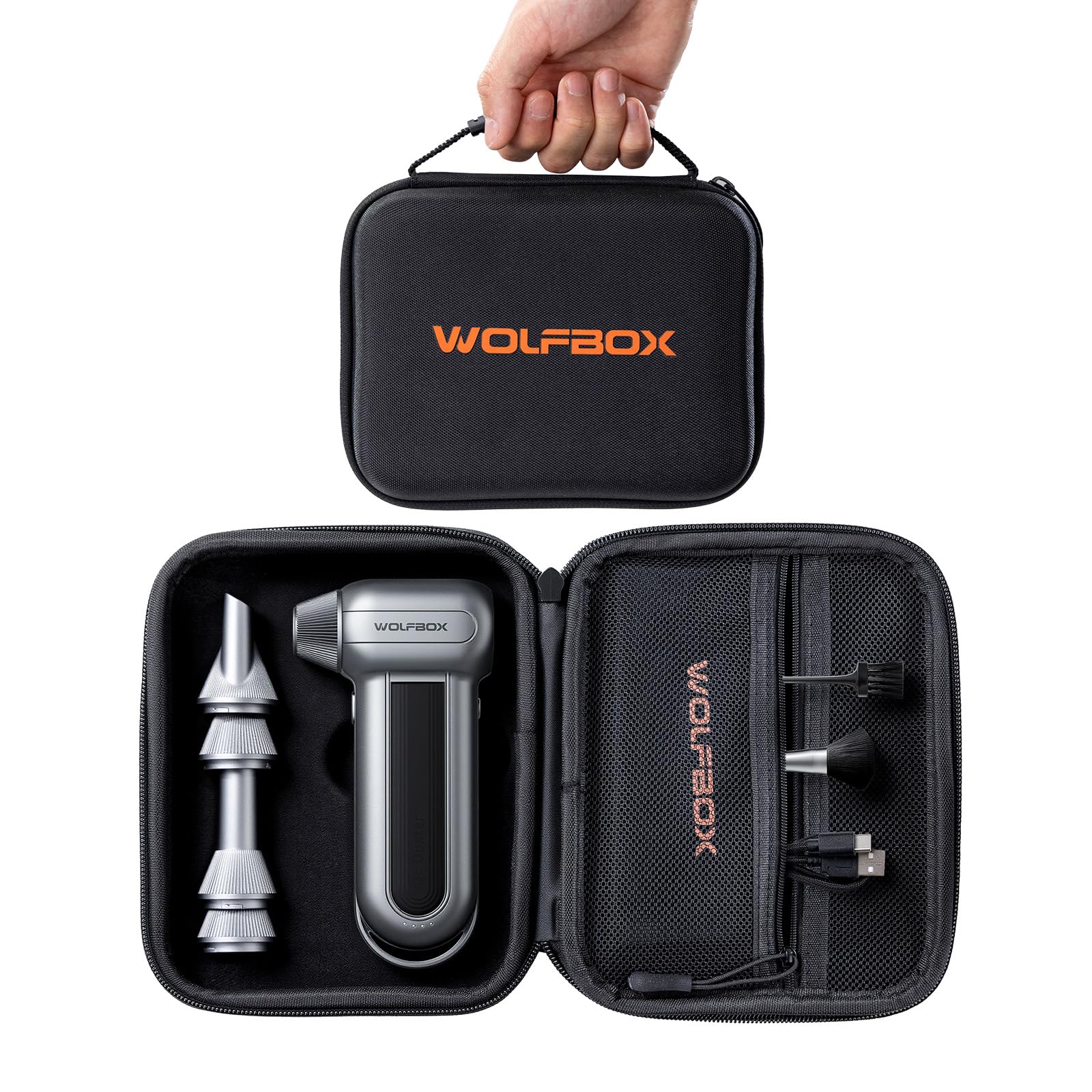 WOLFBOX Harte Tragetasche, kompatibel mit MF50 MF100 MF60 MF70 elektrischer Luftstaubwedel, stoßfeste schützende Reise-Aufbewahrungstasche für Druckluftgebläse & Zubehör, spritzwassergeschützt (SB100