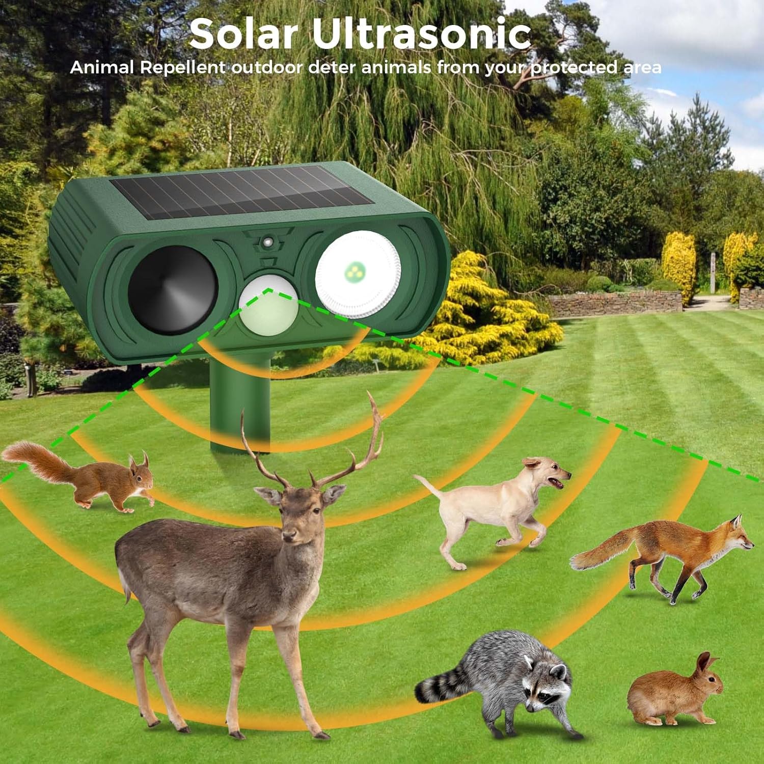 upgraded solar ultrasonic animal repellent outdoor, deer repellent devices squirrel cat raccoon rabbit dog deterrent, keep skunk away motion detection with flash light for yard garden lawn 1packgreen 1pack green