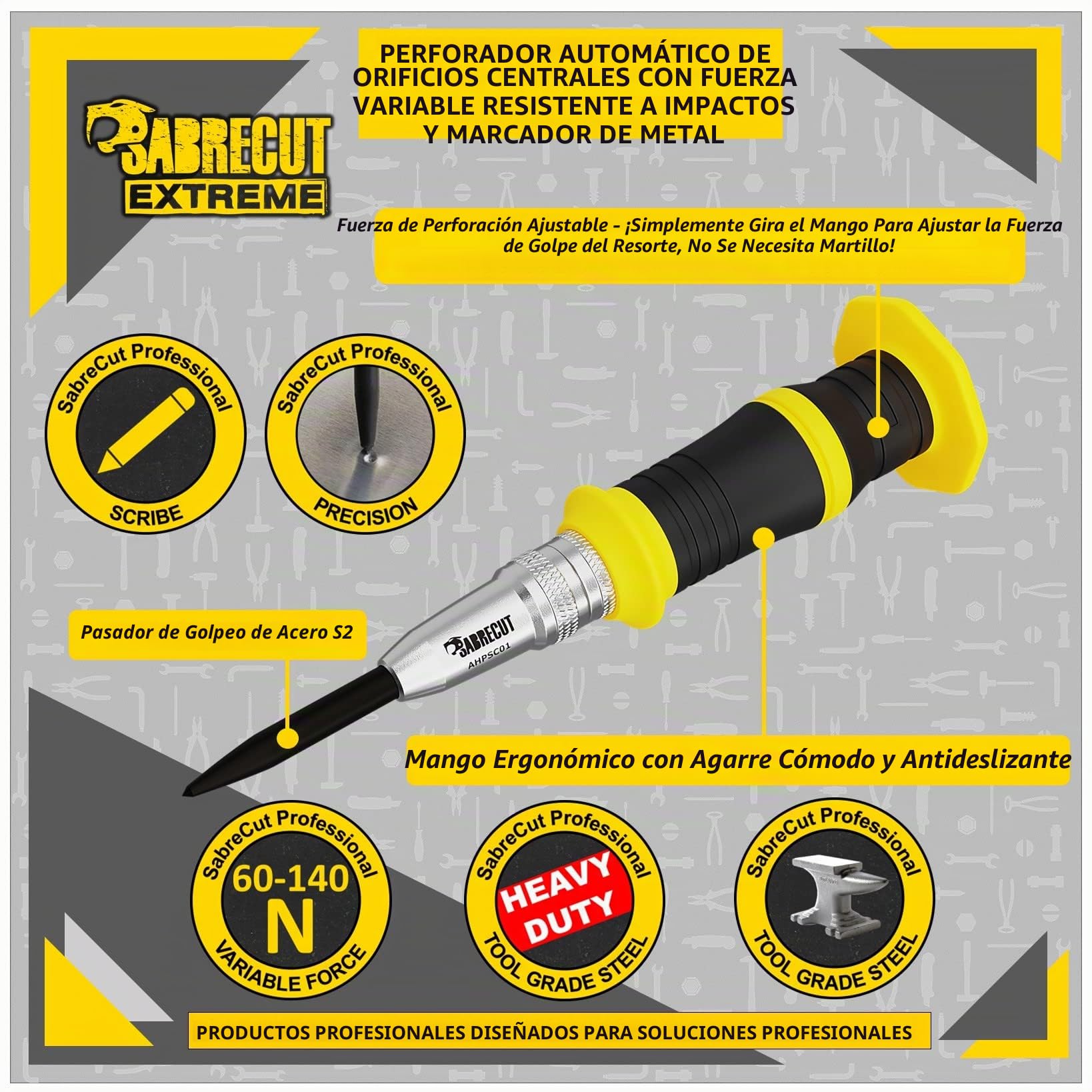 1 pieza SabreCut AHPSC01 Perforadora central de alta resistencia impulsada por resorte con fuerza de golpe ajustable 60-140 Newtons Adecuado para metal madera plástico y muchos otros materiales