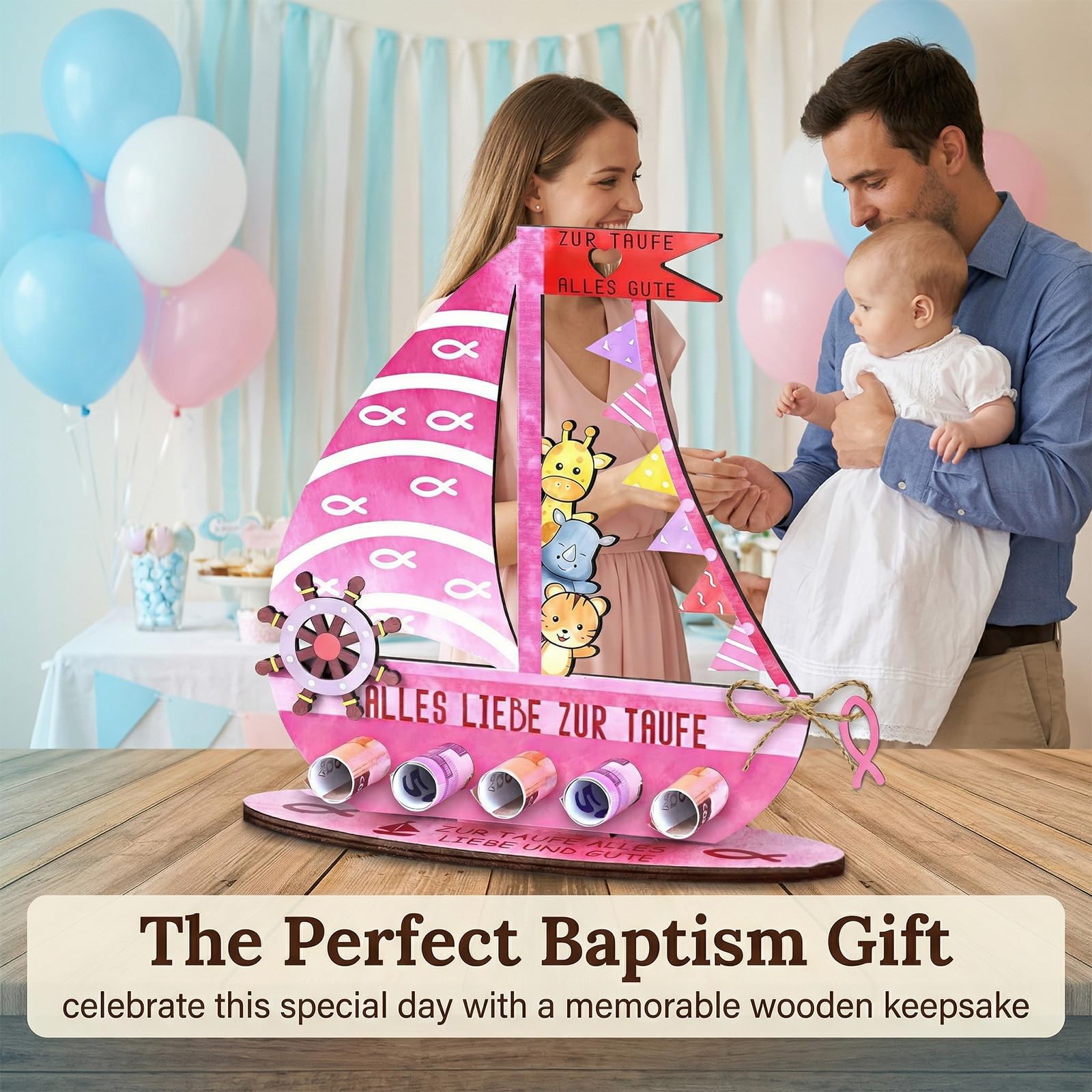 Cadeau Baptême Fille en Bois, Cadeau de Baptême Original pour Bébé Fille, Décoration Arche de Noé Rose, Souvenir pour Communion, Anniversaire et Baby Shower