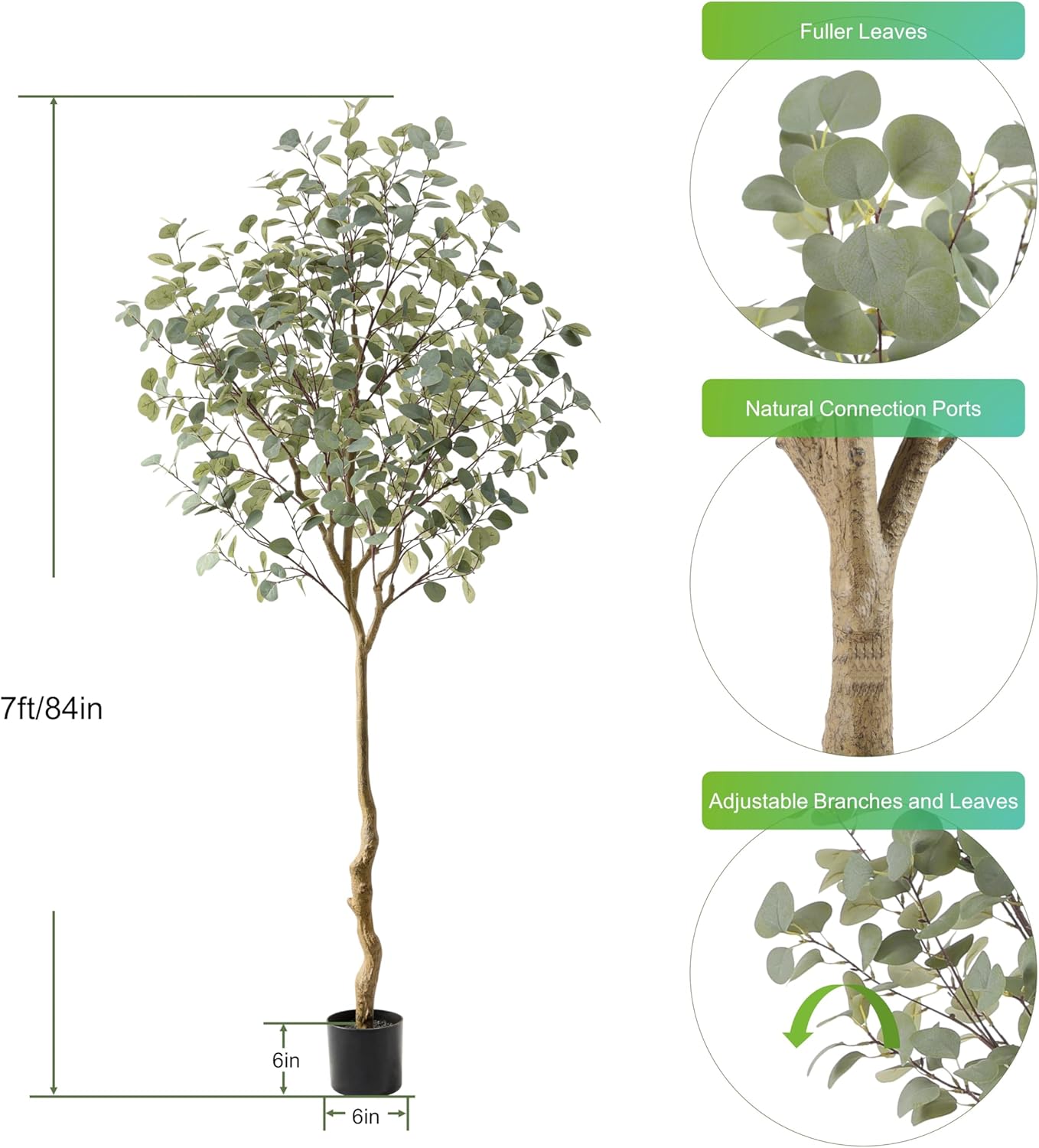 Nafresh Tall Eucalyptus Tree Artificial，8ft(96in) Faux Eucalyptus Tree with Realistic Silk Leaves， Fake Trees Indoor Outdoor for Home Office Living Room Bedroom Foyer Porch Decor. - Image 3