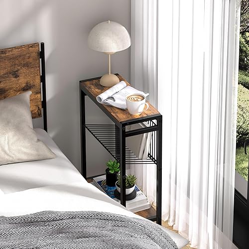 Miniatura 6 de Mesa auxiliar pequeña para espacio pequeño, mesa auxiliar estrecha de 3 niveles con soporte para revistas, mesita de noche pequeña, mesa de sofá