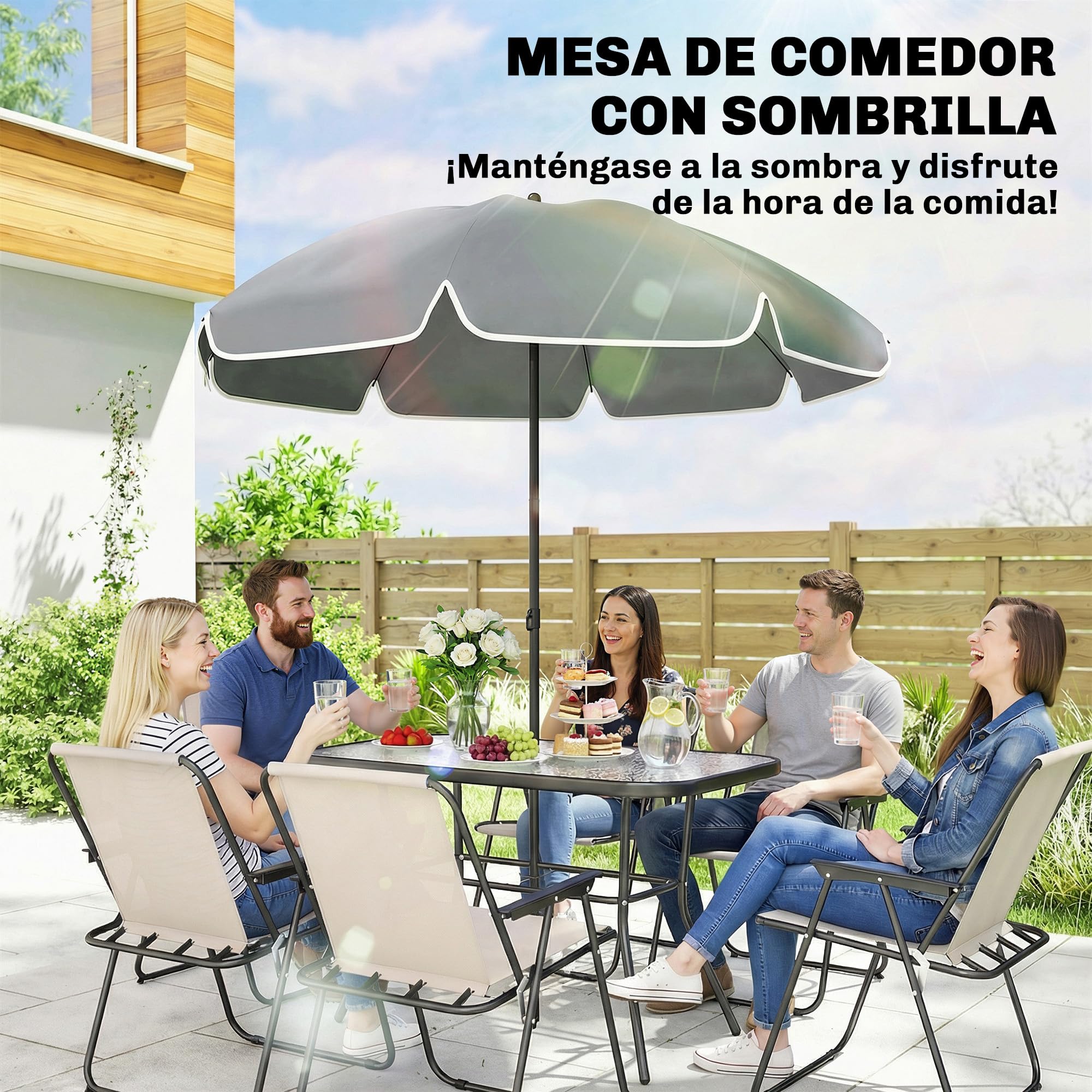 Outsunny Conjunto de Mesa y Sillas Jardín de 8 Piezas, Muebles de Jardín Exterior con Sombrilla, 6 Sillas Plegables, Mesa de Vidrio Templado, para Terraza, Patio, Crema - 5