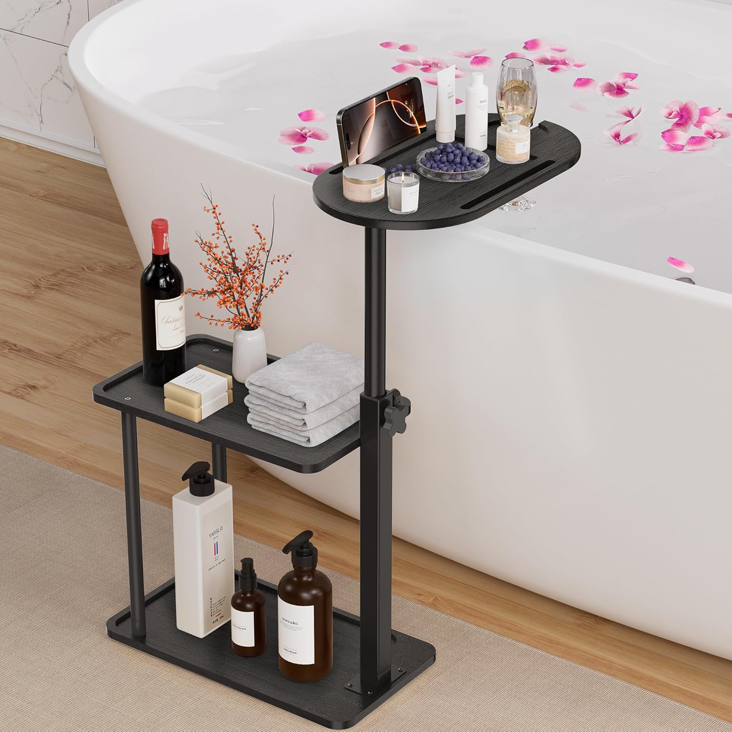 Sunnacate Bathtub Tray Table Freestanding Bath Side Table Tub Tray Caddy 3 Layer Bamboo Bath Board Shelf Bathtub