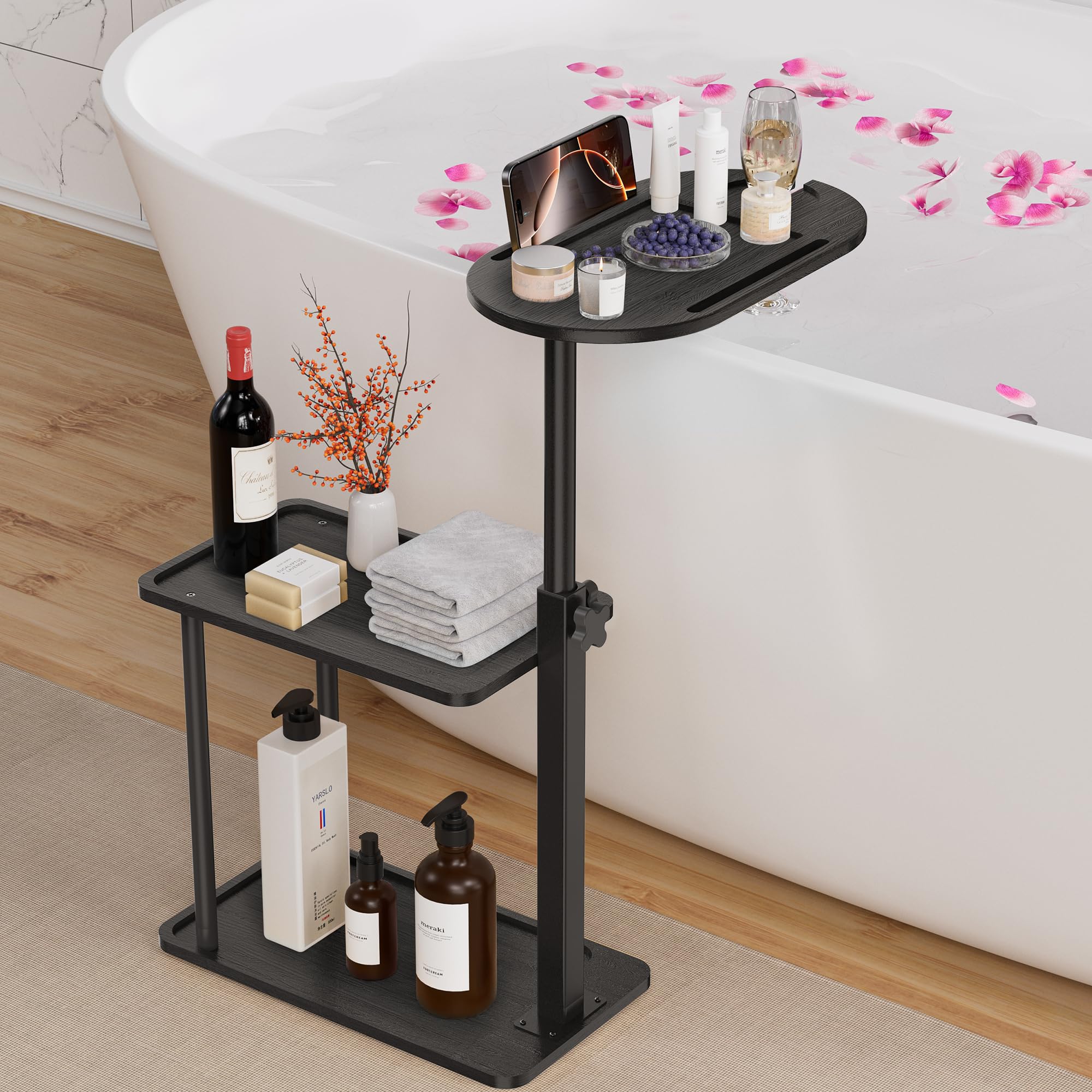 Sunnacate Bathtub Tray Table Freestanding Bath Side Table Tub Tray Caddy 3 Layer Bamboo Bath Board Shelf Bathtub