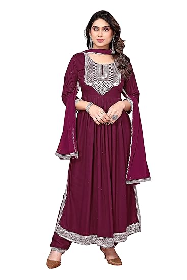 AA-HA!! Women's Rayon Nayra Cut Kurta Pant with Dupatta Set I Heavy Embroidery Work Round Neck Kurti & Trouser with Border Zari Dupatta I Elegant and Comfortable I for Girls & Women