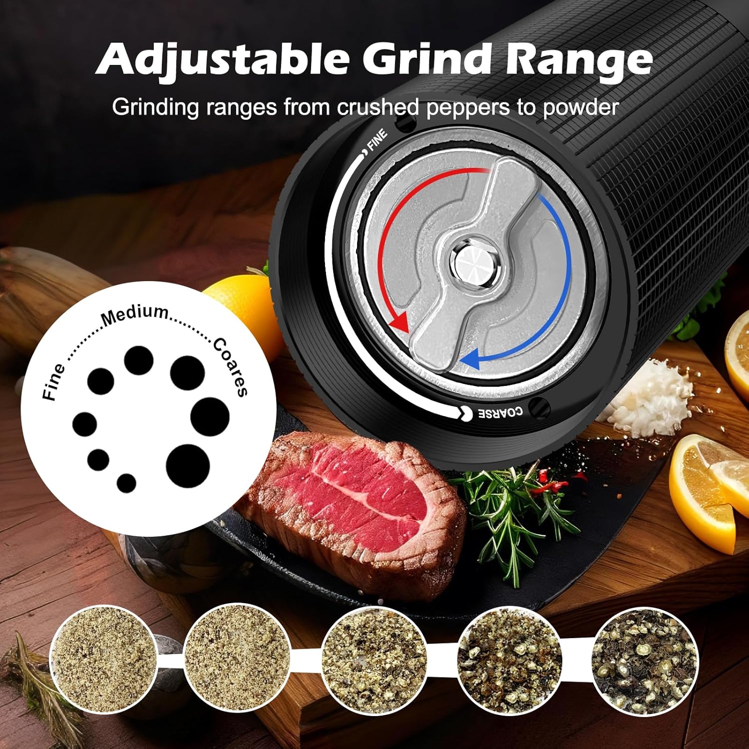 Professional Pepper Grinder Mill Manual - Aluminum Heavy Duty Pepper Mill, Aluminum Spice Grinder with Adjustable Coarseness and Stainless Steel Blade, High Output Black Spice Mill