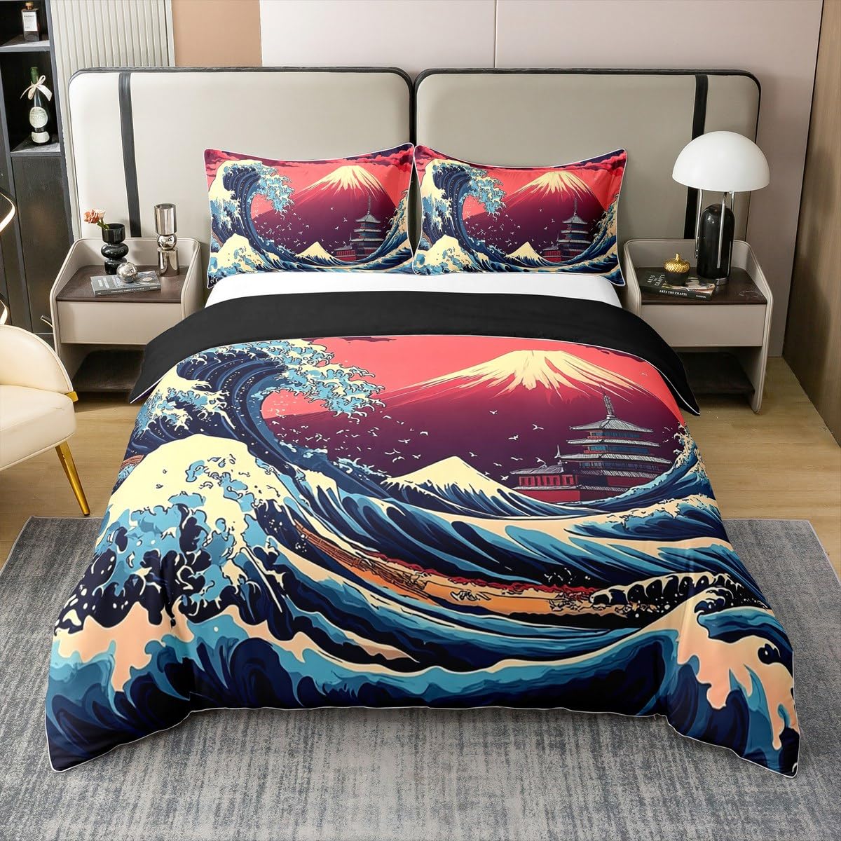 Housse de couette 240x260 coton style japonais Ukiyoe Homewish pour lit 2 personnes