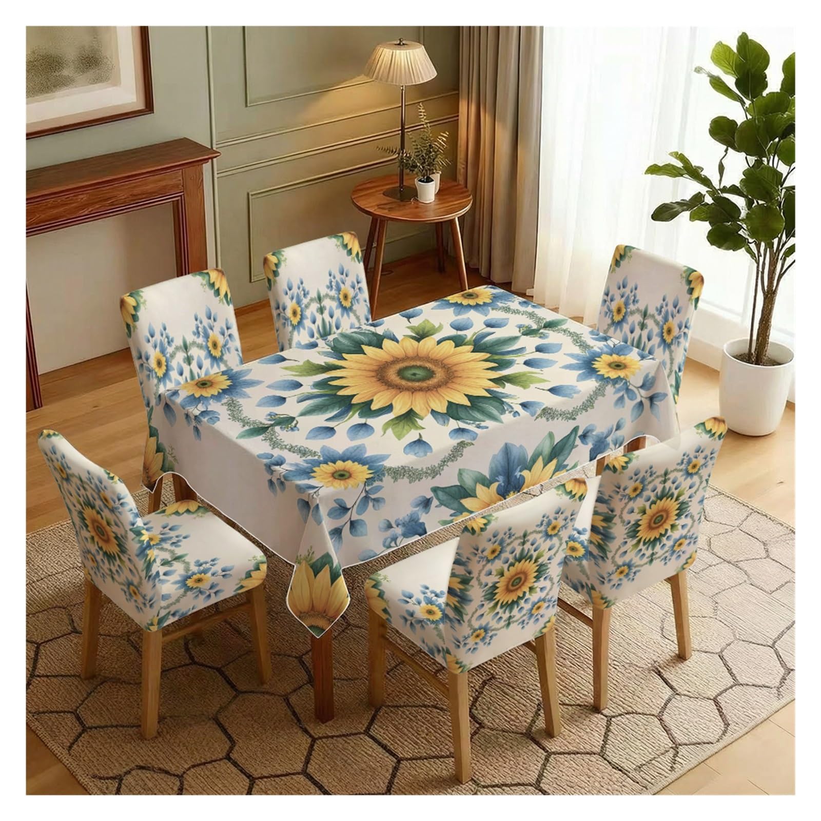 BOSUYBN Sunny Sunflower Dining Set Covers, 5/7 Piece Tablecloth With Matching Chair Slipcovers For Bright And Cheerful Interiors Table Setting(7pcs Set: Tablecloth+Chair Covers)