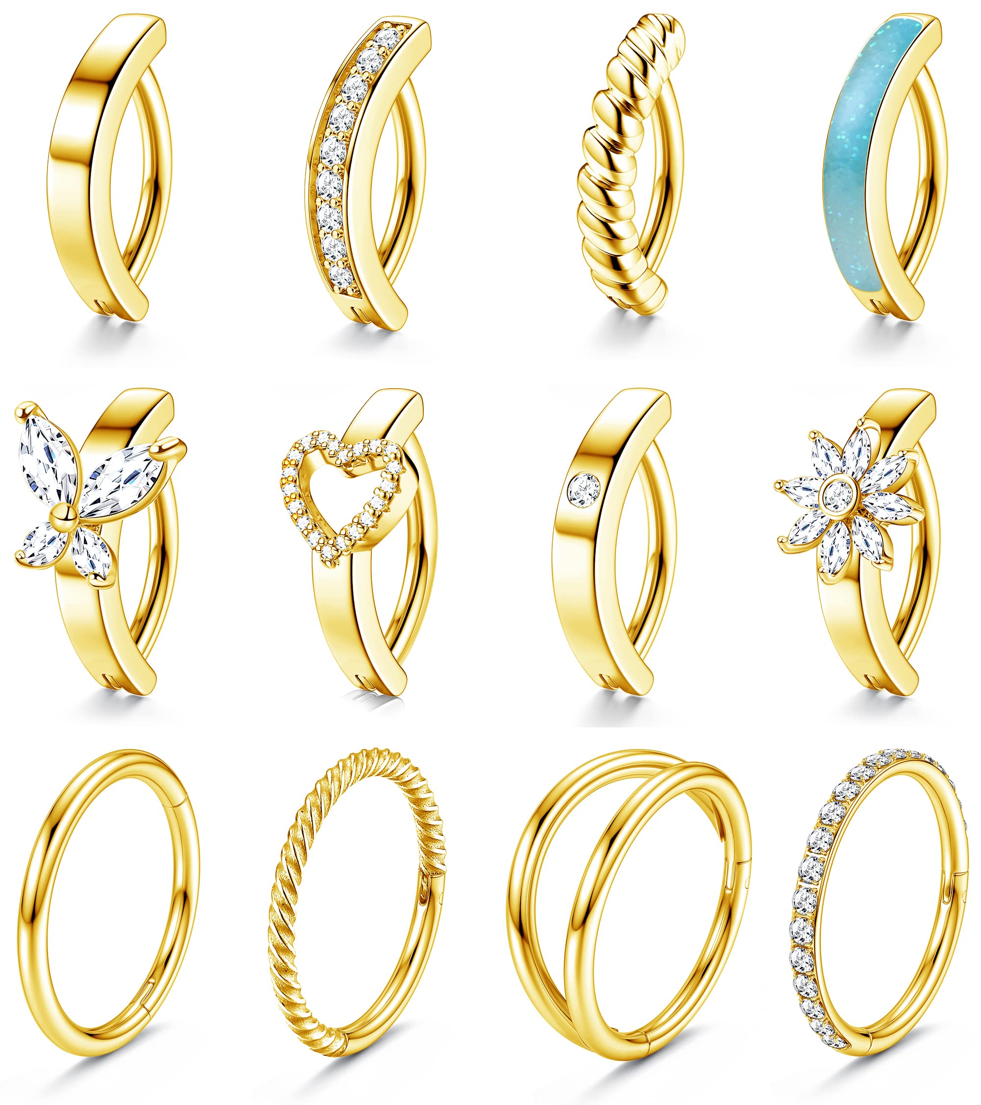 FIOROYAL 12 piercings para el ombligo de acero quirúrgico de 14 g, acero quirúrgico, oro y plata, ópalo, corazón, mariposa, ombligo, piercing para el ombligo, juego de anillos de verano, joyería para