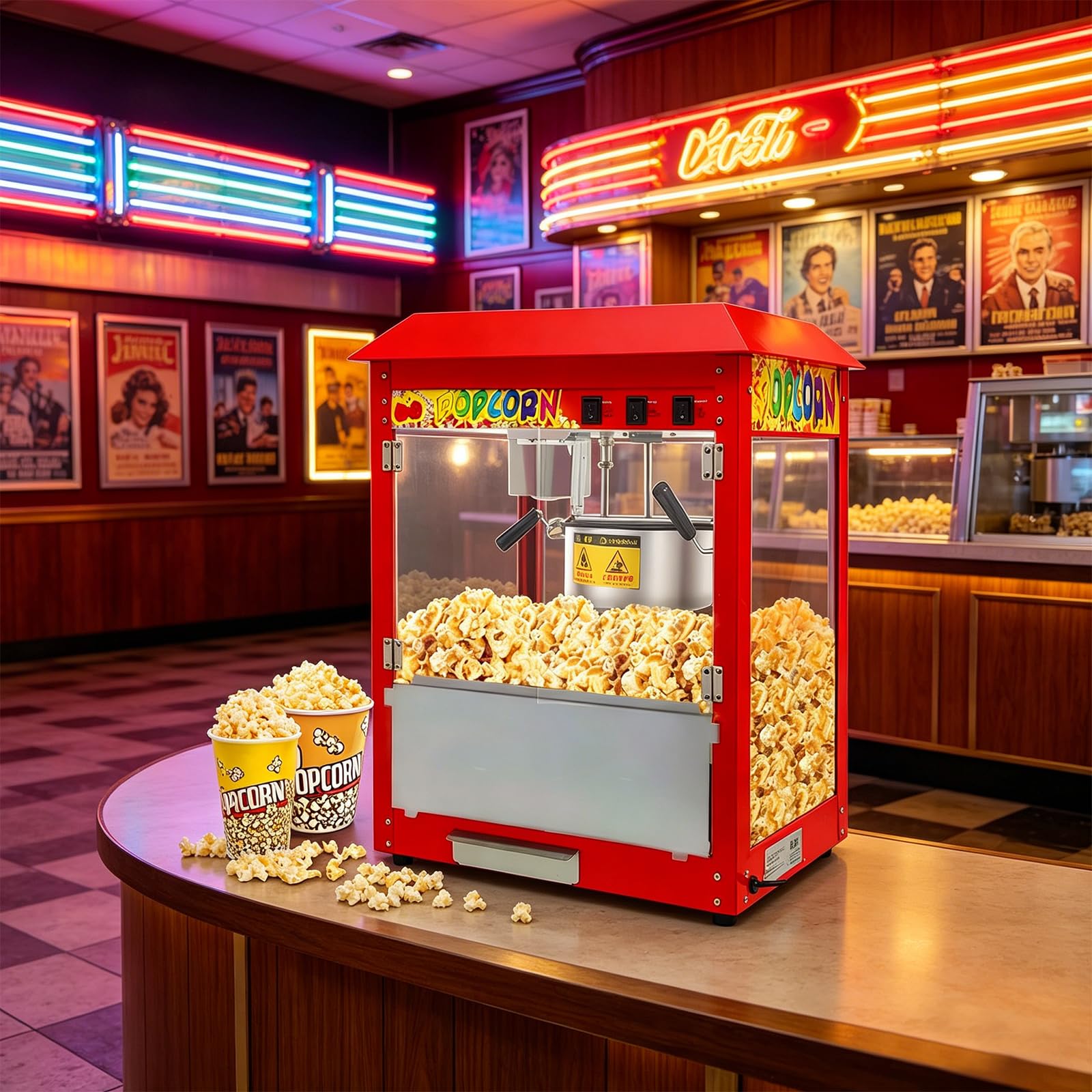 Máquina Comercial de Palomitas de Maíz con Caldero de 10 Oz y Luz de Calentamiento, 1400W, para Hogar, Cine y Negocios, Estilo Cine con Control de 3 Interruptores Flat-top