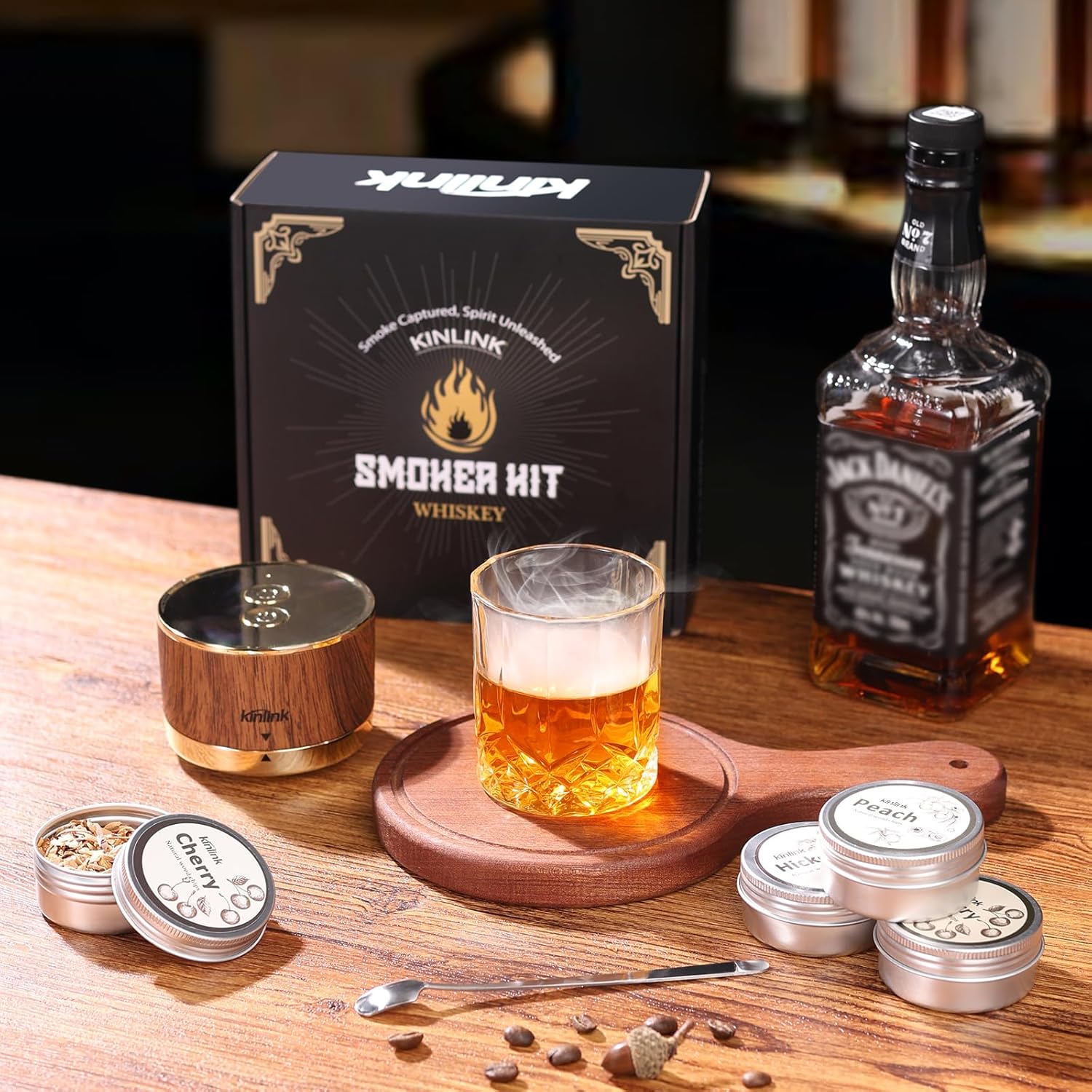 Electric Whiskey Smoker Kit - 7 Led Light, 6 Flavors Wood Chips, Gold Magnetic Old Fashioned Smoker Kit, Cocktail Whiskey Drink Smoke Bar Set, Gifts for Men Boyfriend Husband