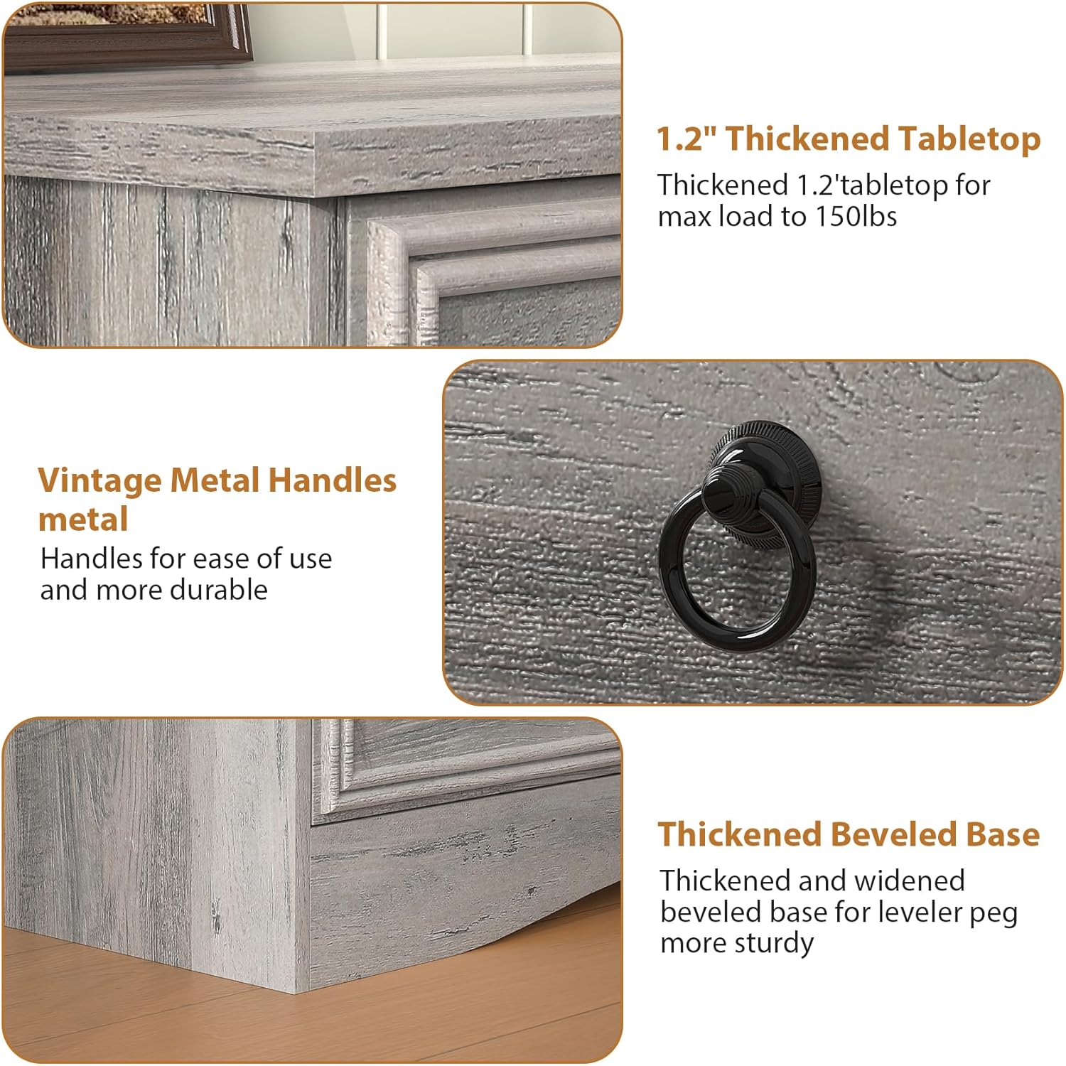 Close-up of vintage metal handles and thickened tabletop