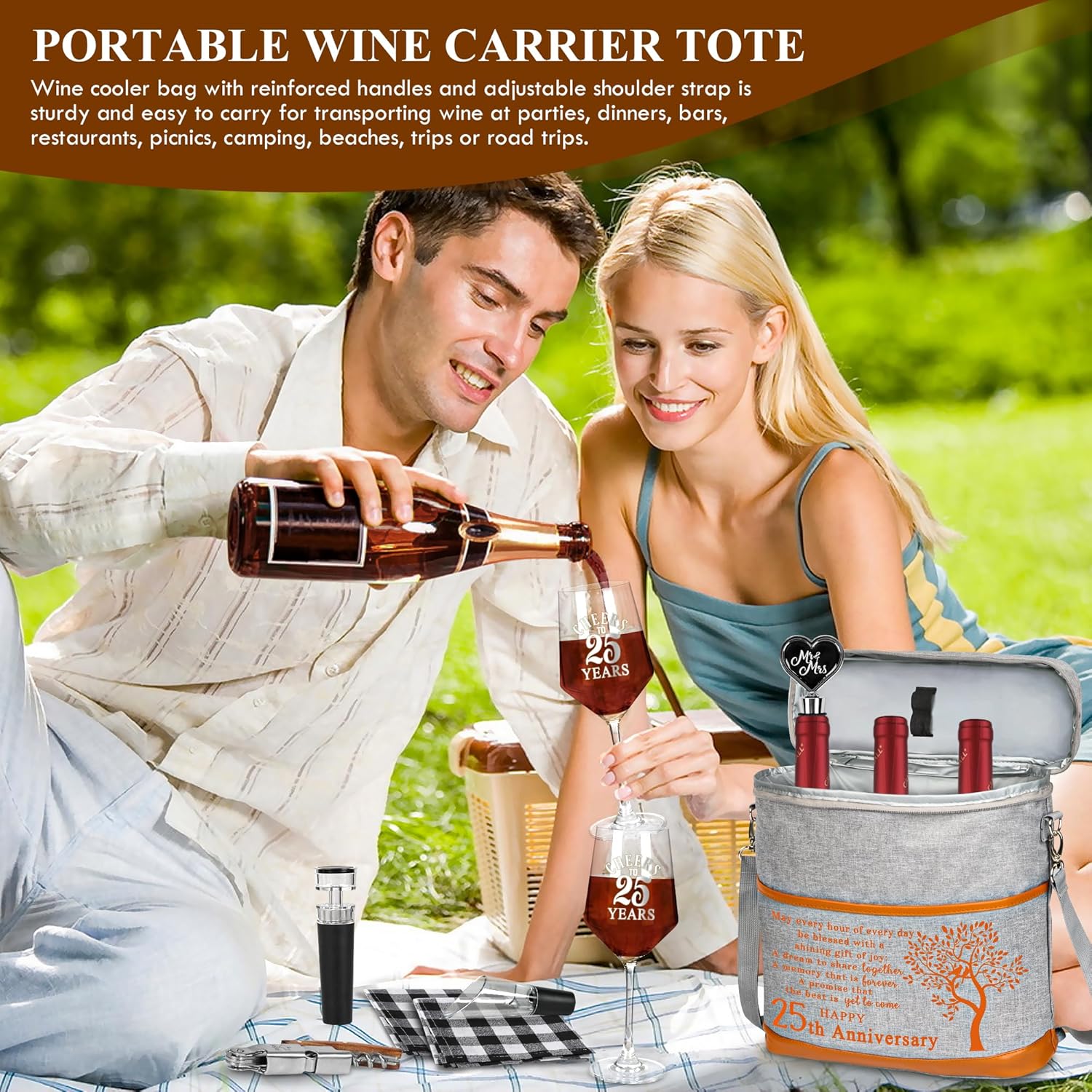 25th Wedding Anniversary Wine Cooler Bag Gifts for Couple, 25 Years of Anniversary Marriage Gift for Women Men, Parents, Insulated Wine Cooler Tote with Glasses and Wine Accessories