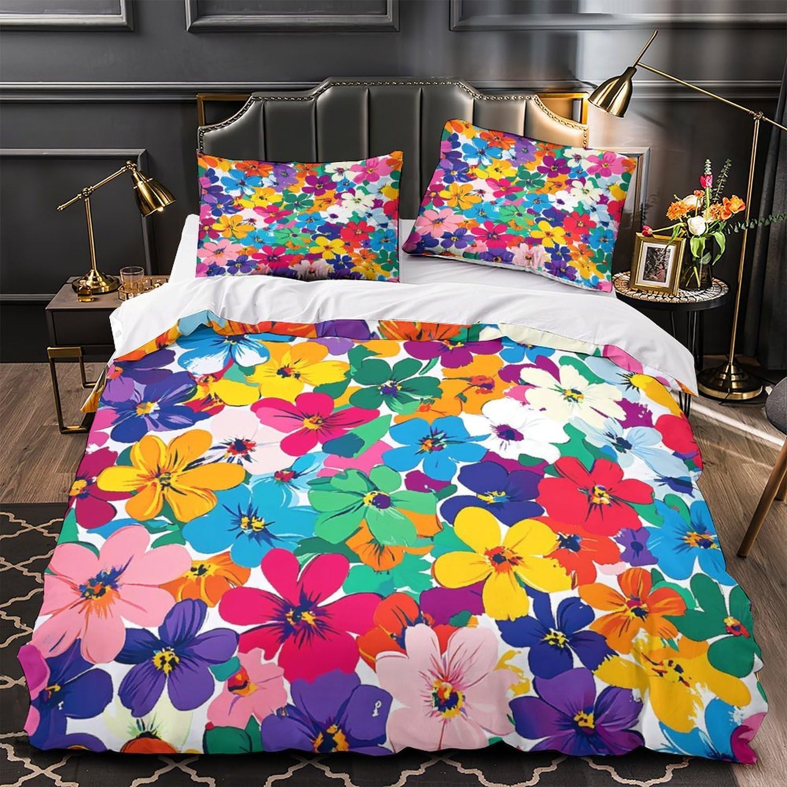 MMDASBVPE Colorful Flowers Quilt Cover 3D Print Anti-allergic 3PCs Bed Linen Hidden Zipper Comforter Cover Luxury Breathable for Teens Adults Women Kids Youth Boys Girls King（220x240cm）