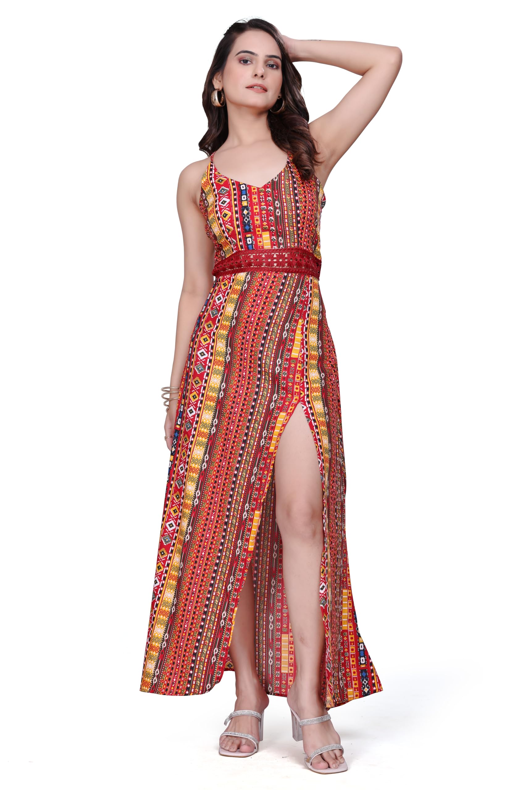hemang fashion Women Printed Slit Maxi Dress Sleeveless Spaghetti Strap Ethnic Fusion Long Dress for Evening Vacation Festive Occasion-picture-50