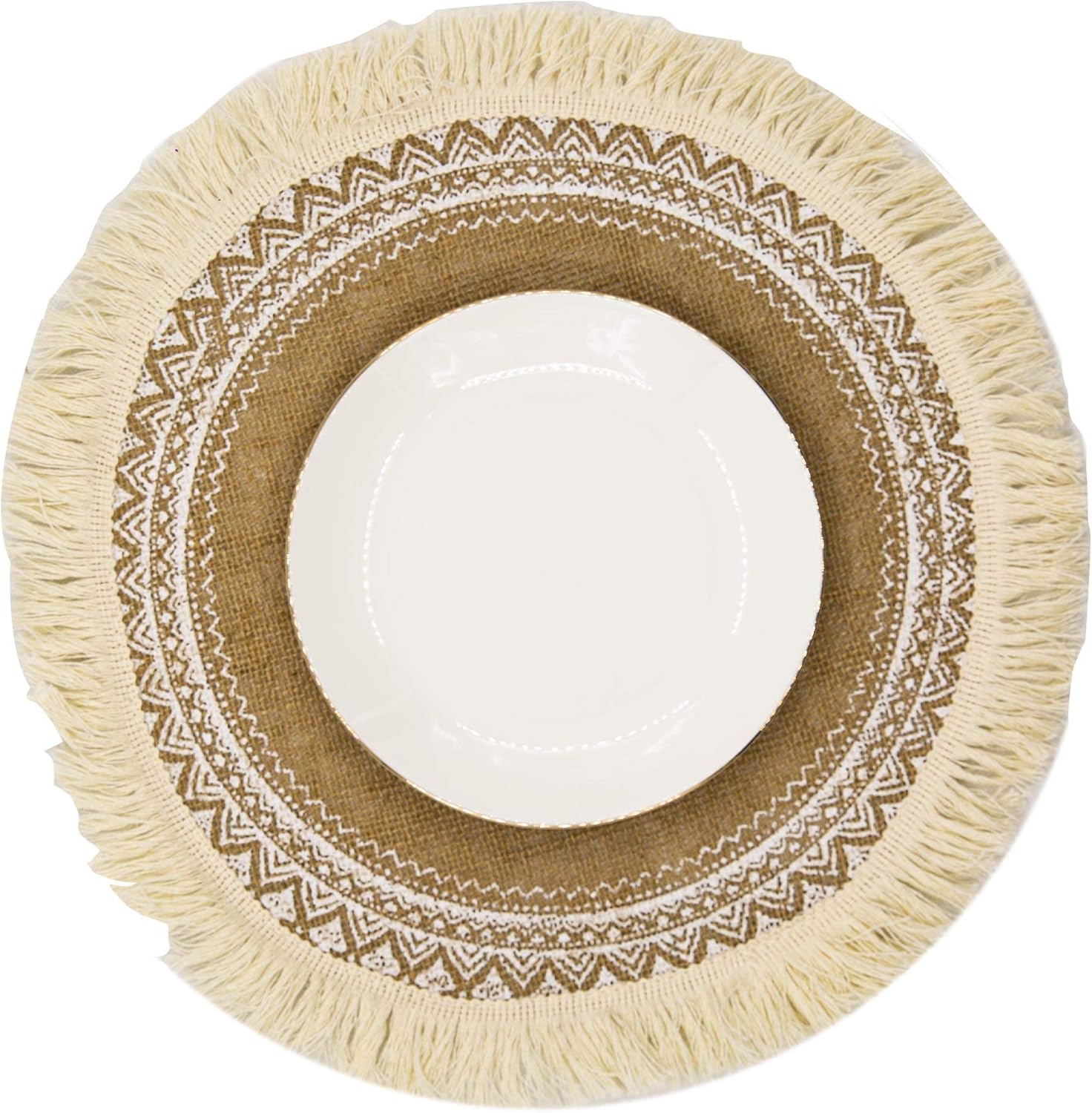 CAPASIN Boho Round Placemats Set of 4 Dining Winter Modern Dinner Braided Beige Table and Fall Circle Runner Kitchen Plate Mats Runners for White Place with Fringe Mat (White Tassel) : Home & Kitchen
