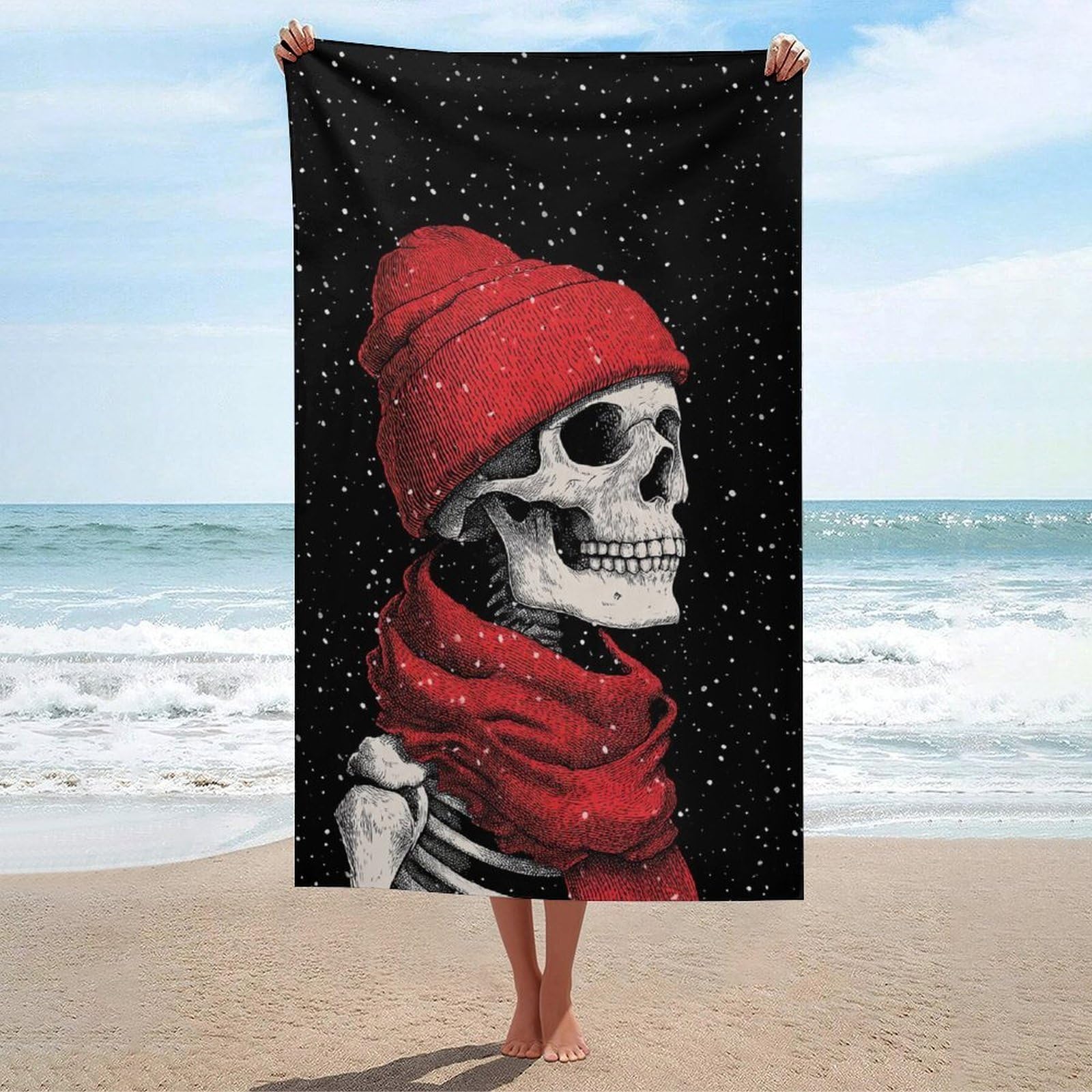 asbwuo Skeleton Wearing Red Beanie Hat Scarf Abstract Beach Towel