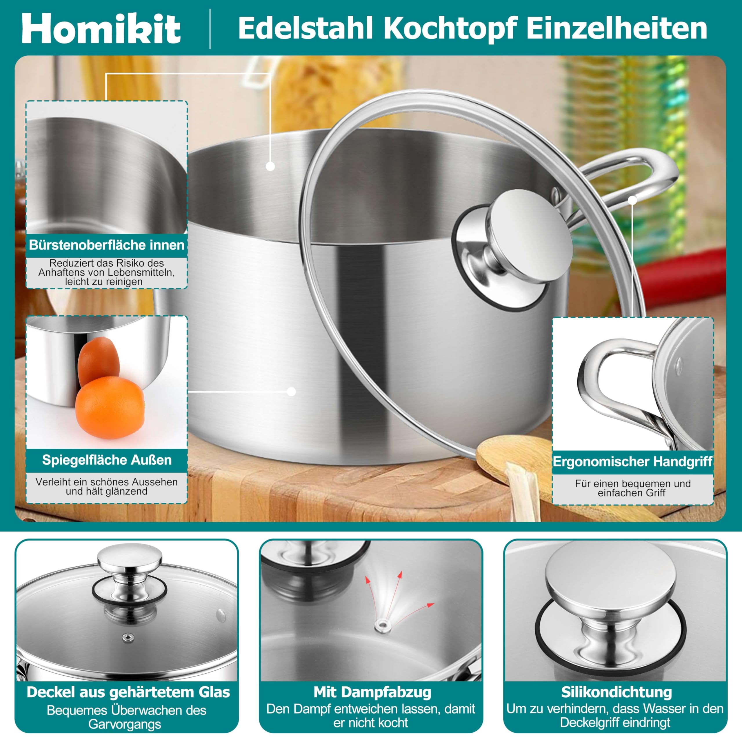 Homikit Olla de 20 cm, 3 capas de acero inoxidable con tapa de cristal, 3,3 L, para todo tipo de cocinas, acero inoxidable pulido y sin revestimiento, saludable, apta para lavavajillas
