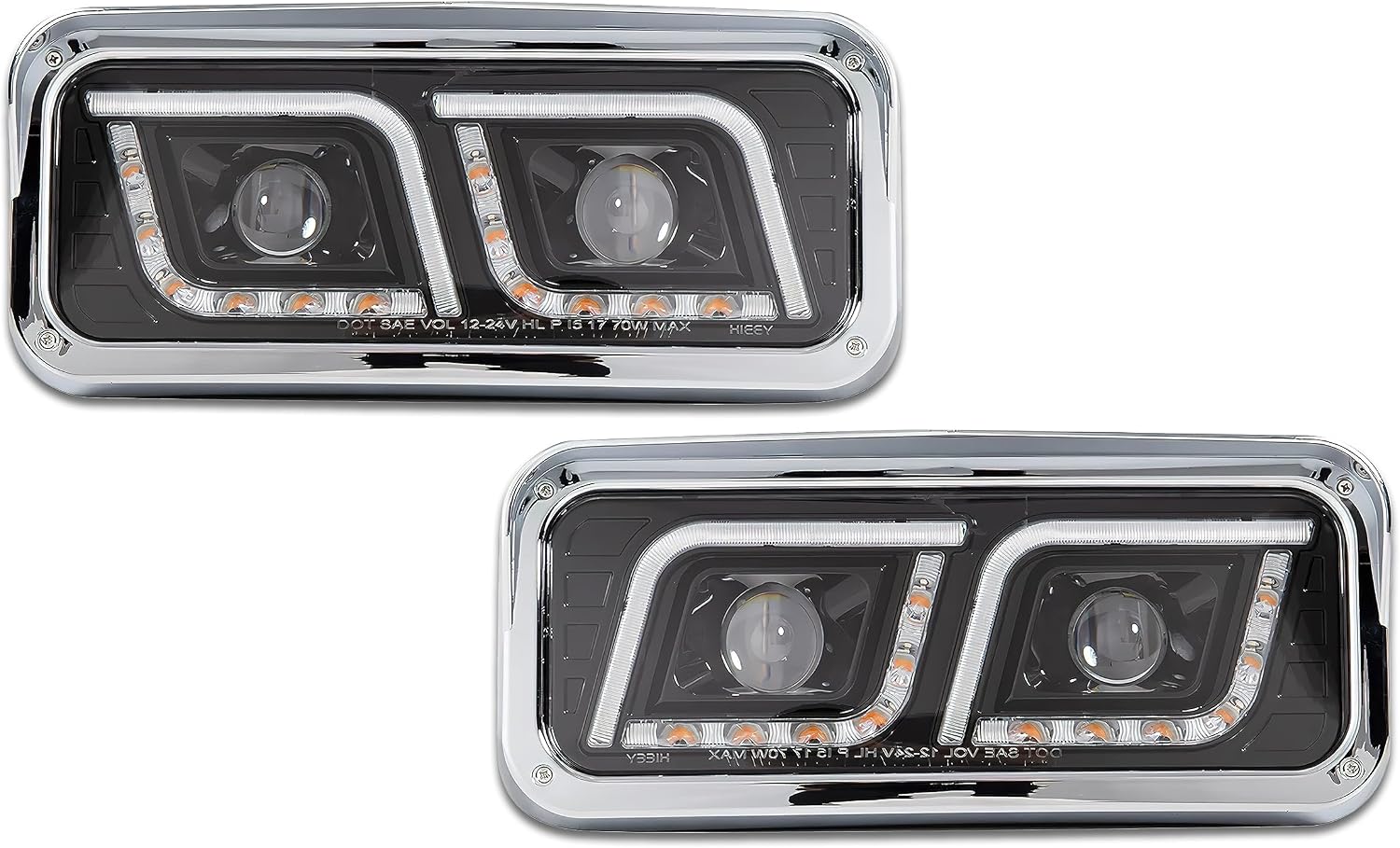 KOZAK LED DRL DUAL Black Projector Headlights Set Pair (Driver Left & Passenger Right Side) Compatible with PETERBILT 357 365 378 379 PLUS Logo, Windshield Wipers and Vest